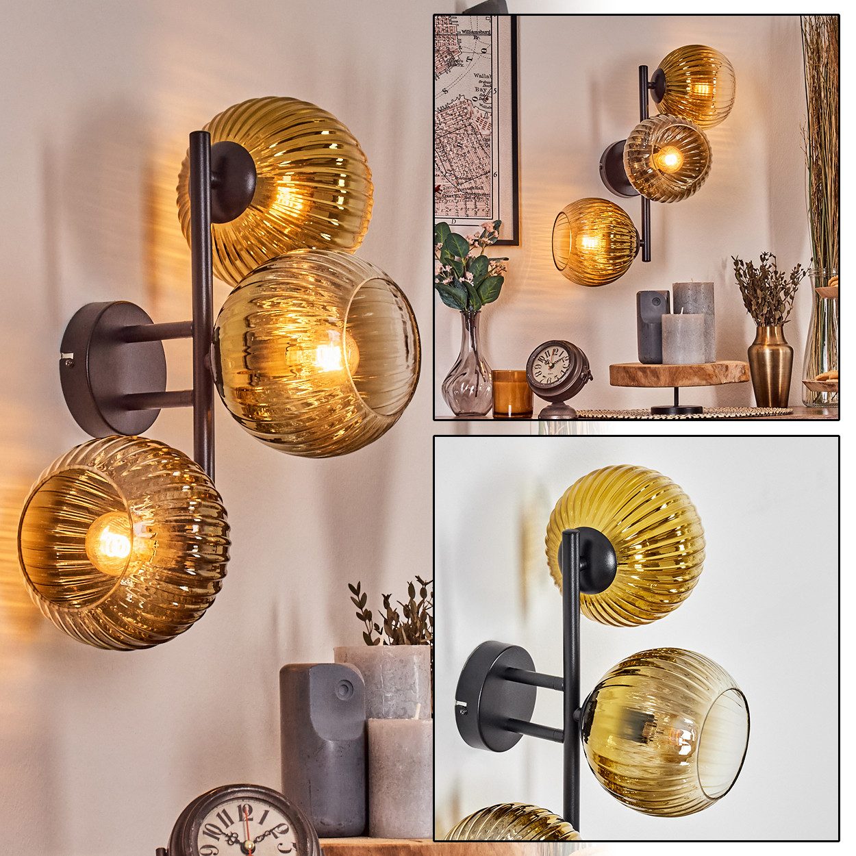 hofstein Wandleuchte Wandlampe aus Metall/Riffelglas in Schwarz/Gold/Klar, moderne Leuchte im Retro/Vintage-Design (Schirme Ø 15 cm), E14, Küche