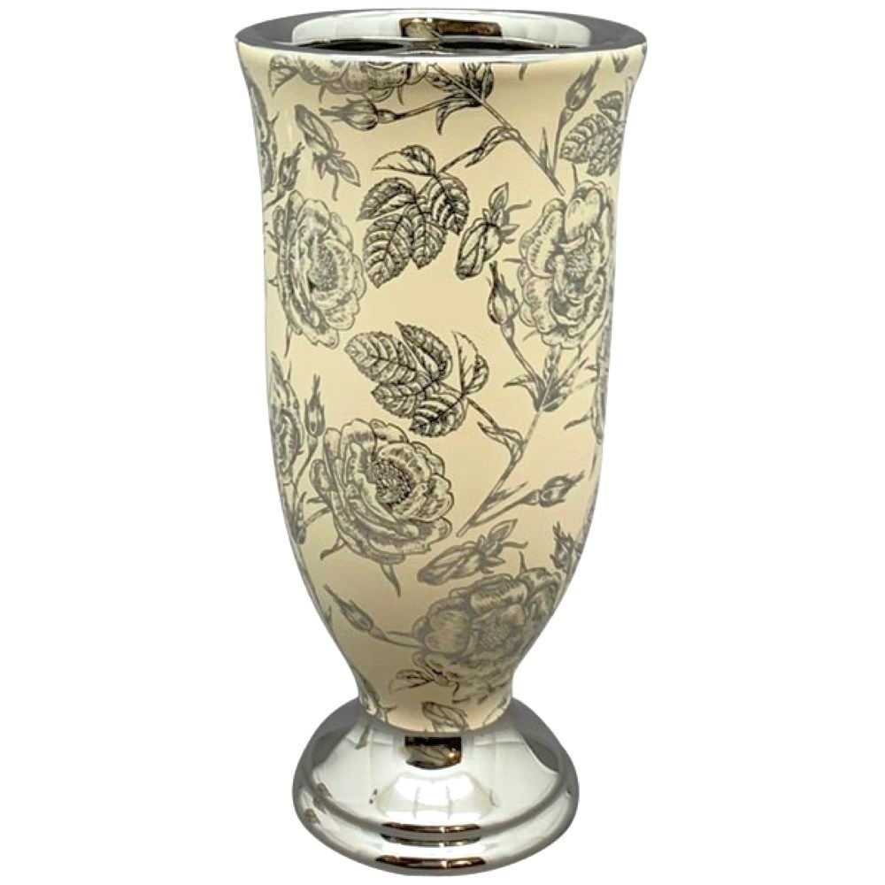 Exner GmbH Garten- & Wohnaccessoires Vase Tisch Beige Silber Rosenmuster Keramik Barockstil Antik 20 cm, Barockstil