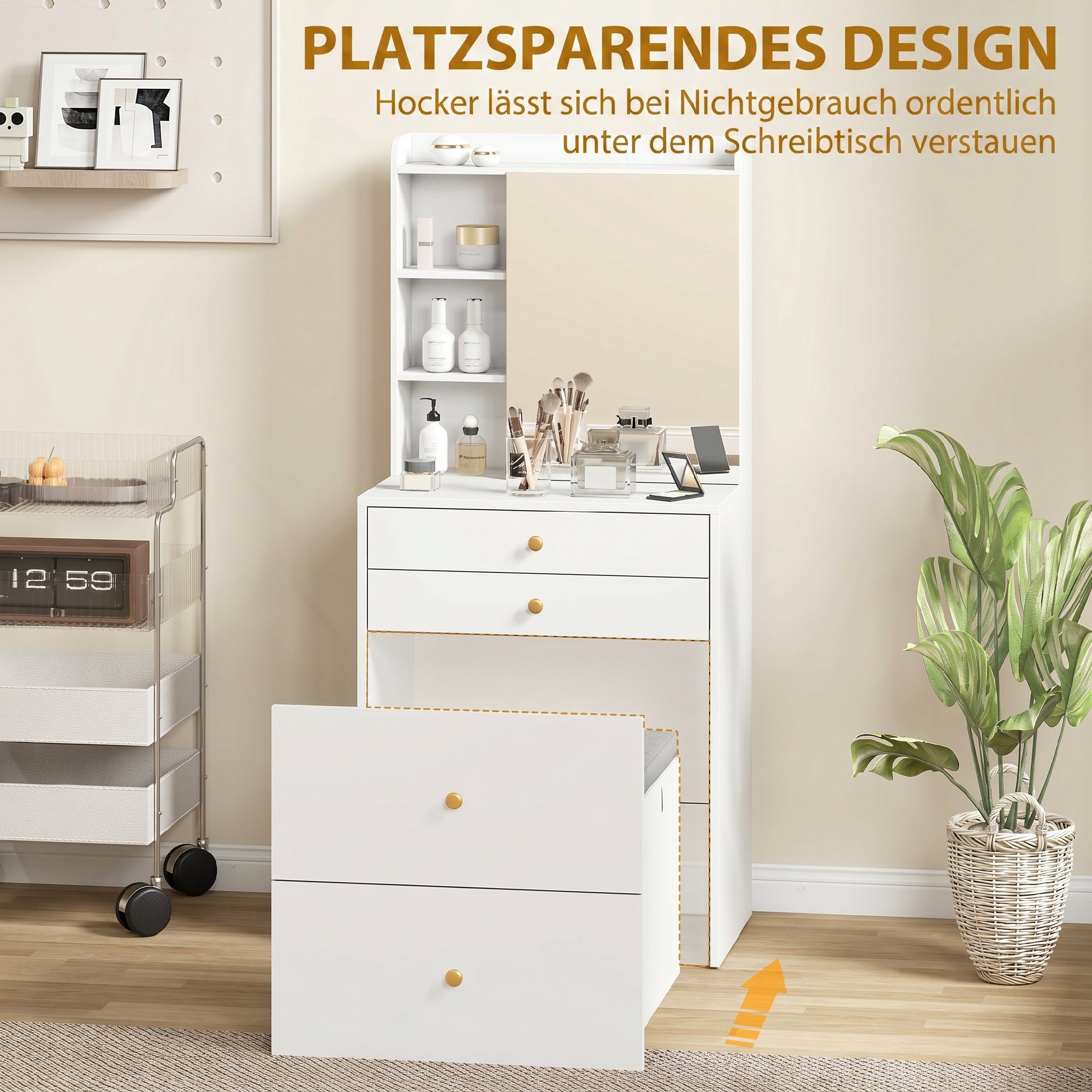 HOMCOM Schminktisch Frisiertisch mit Schrank, Schubladen (Set, 1-St., Schminktisch-Set), Hocker mit Stauraum und Rollen, kompakt, viel Stauraum – Bild 4 von 5