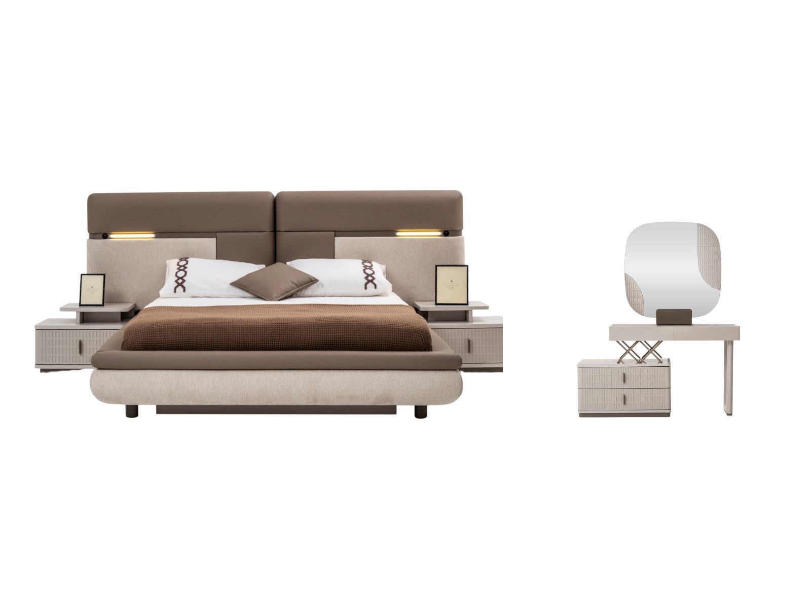 Villa Möbel Schlafzimmer-Set Roenesans, (Schlafzimmer-Set, 4-tlg., Bett mit Kopfteil, 2 Nachttische und Kommode), Beige Taupe Braun wirkt warm und klassisch ruhig