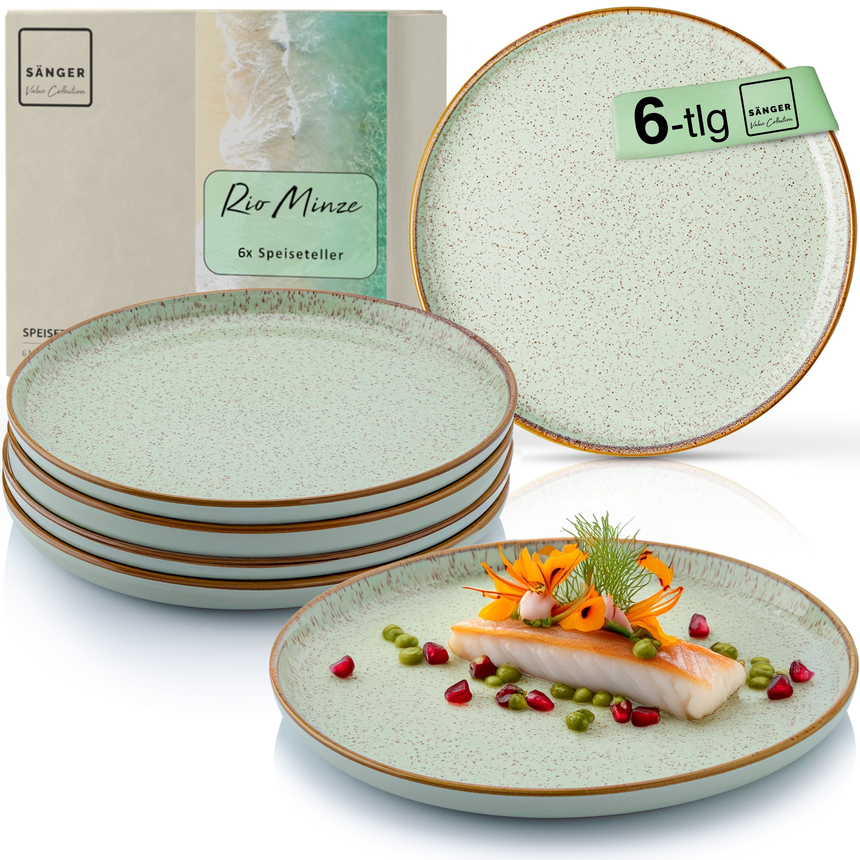 SÄNGER Teller Rio, (6 St), Rio Minze, 4x Speiseteller, Steingut, Handmade, VALUE COLLECTION