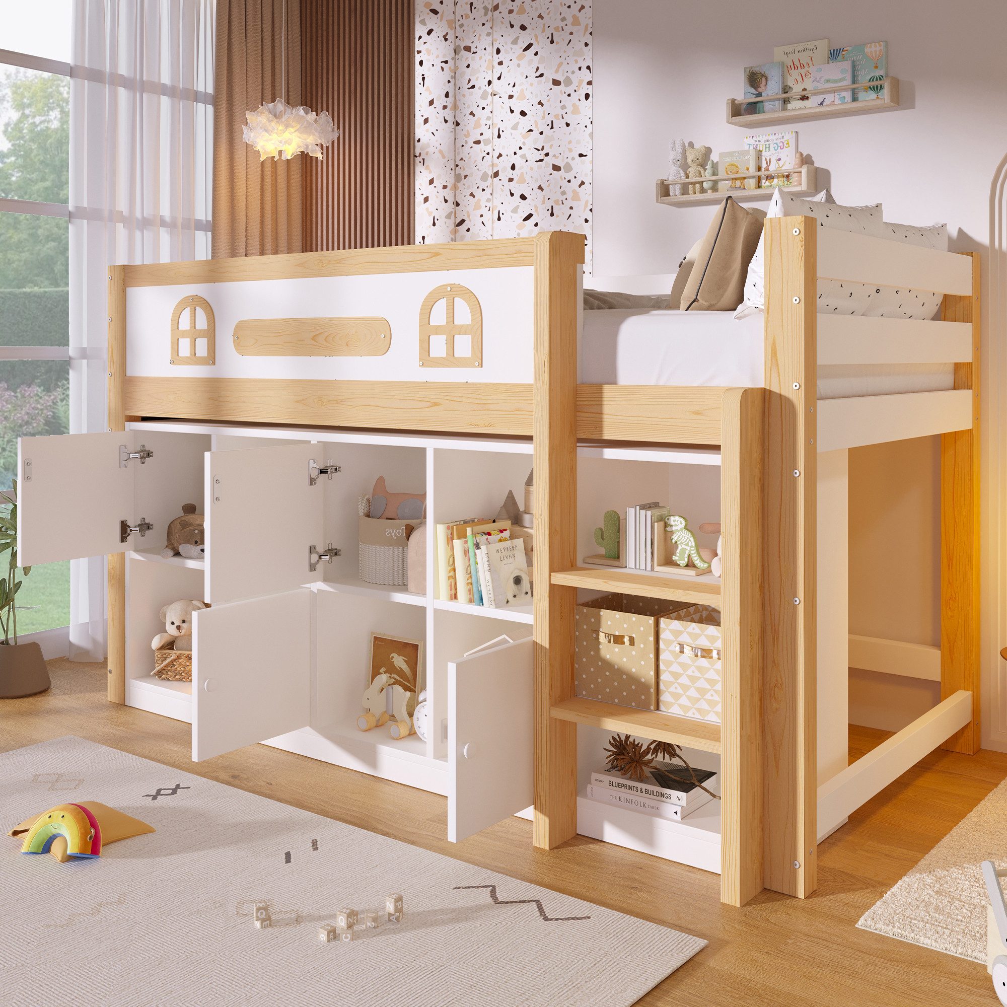 Merax Hochbett 90x200 cm, Kiefernholz Spielbett Jugendbett (1-St) Halbhohes Kinderbett mit Kreidetafel, Stauraumfächern,Geländer, Leiter