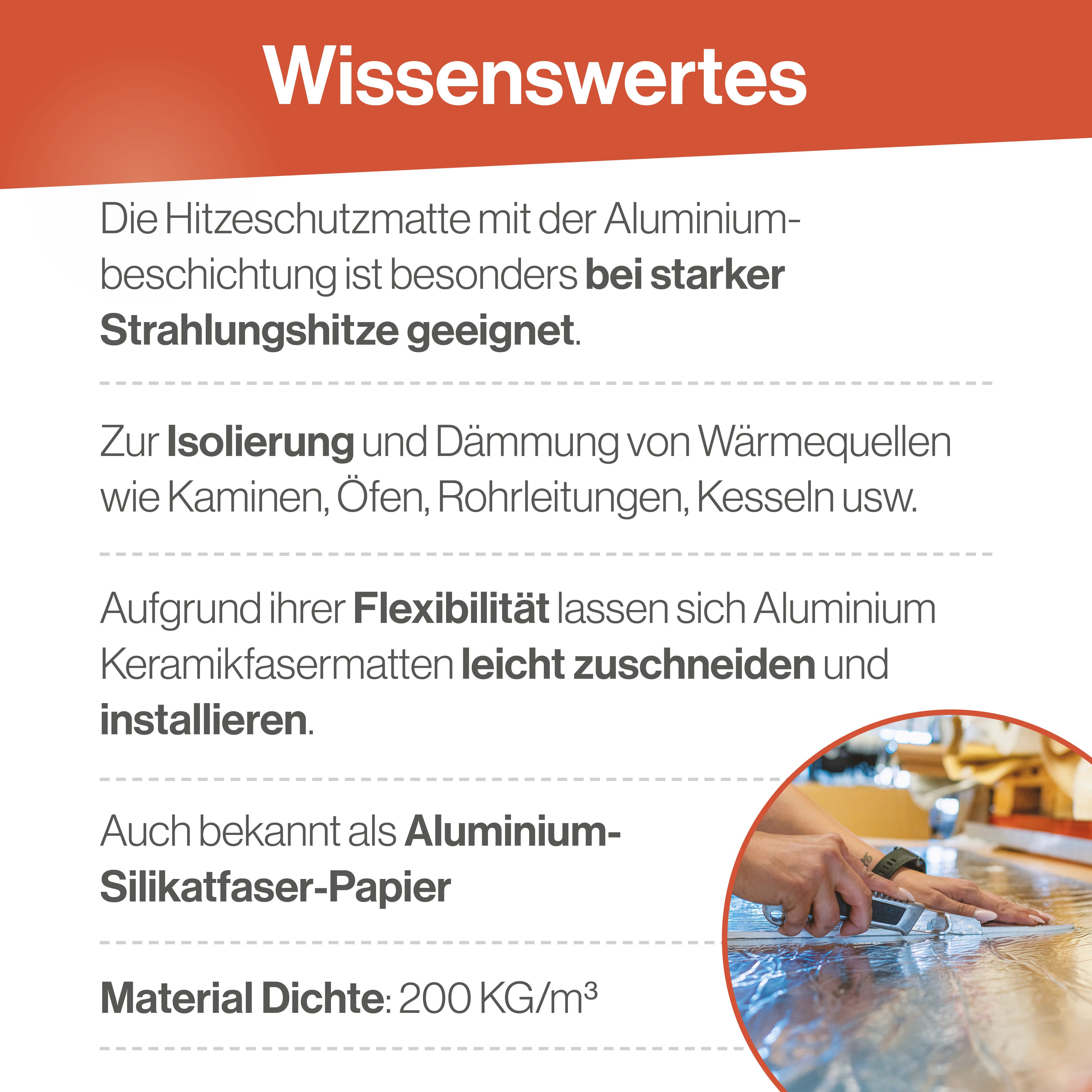 Feuerfest 123 GmbH Glasfasermatte Keramikfasermatte Aluminiumbeschichtung - Isolierung für Kamine & Öfen, Hochtemperatur-Isolierung - Aluminiumsilikat, hitzebeständig