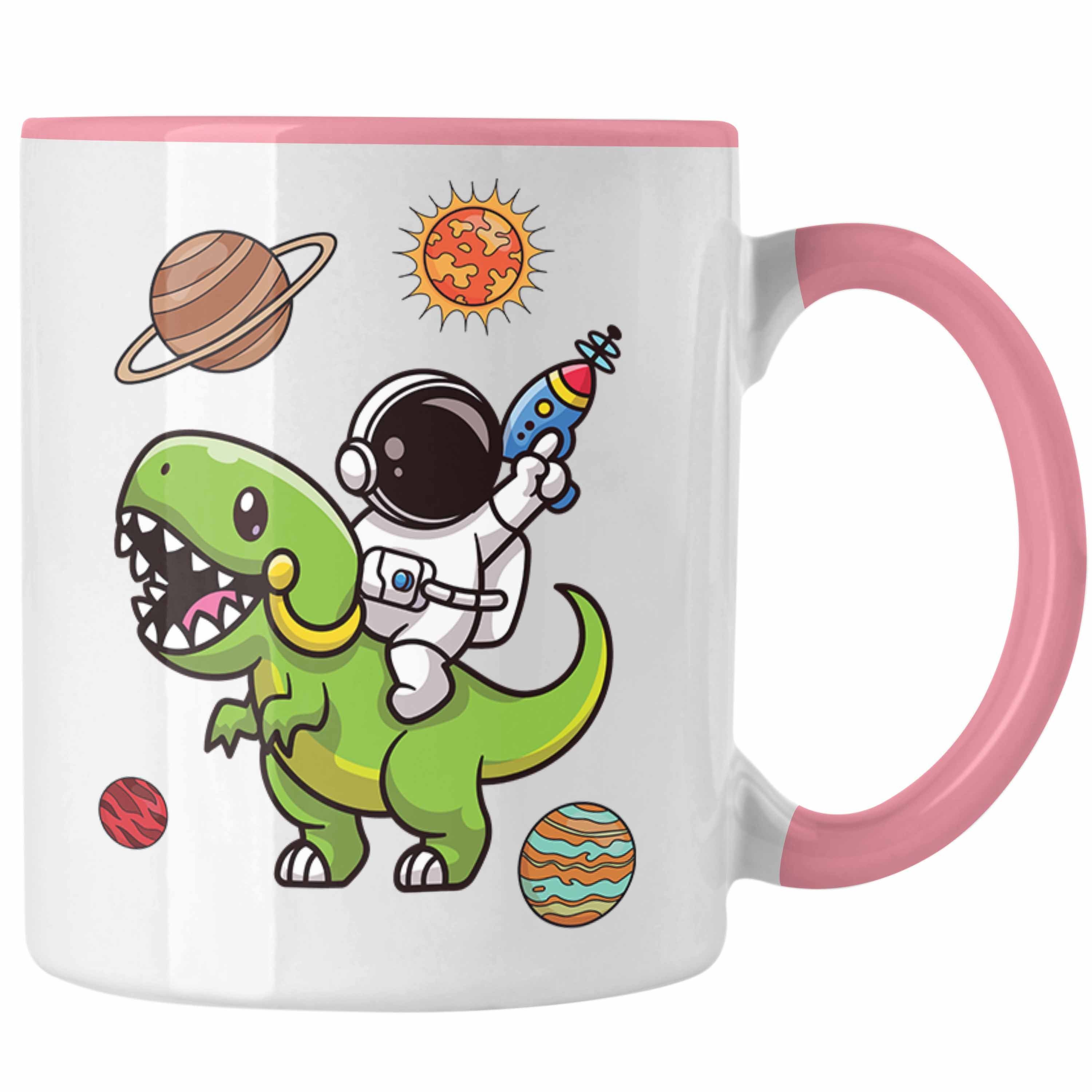 Trendation Tasse Dinosaurier T-Rex Astronaut Weltall Tasse Grafik Geschenk Lustig Rosa