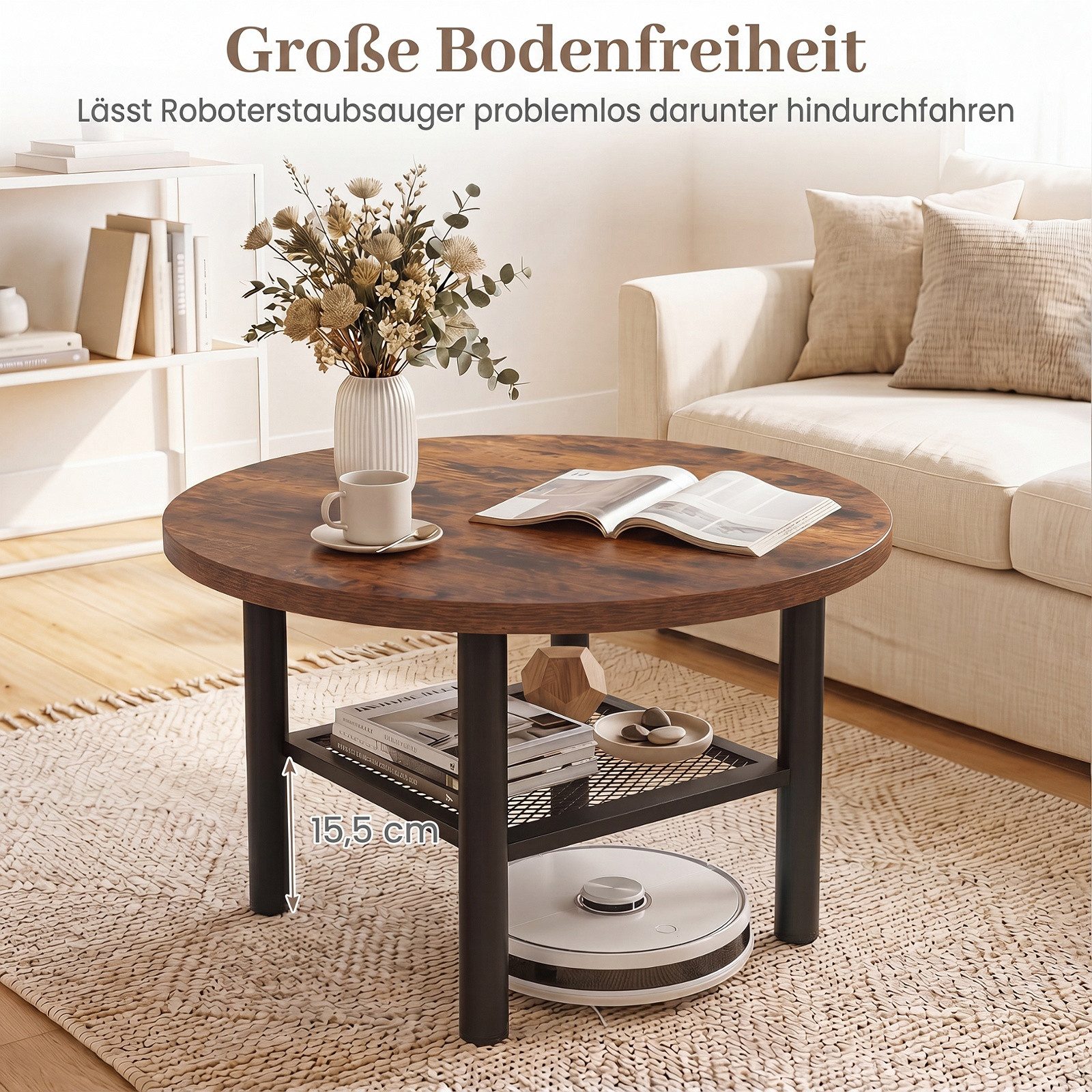 COSTWAY Couchtisch rund Metall braun mit Stauraum, Wohnzimmertisch 60x60cm – Bild 2 von 5