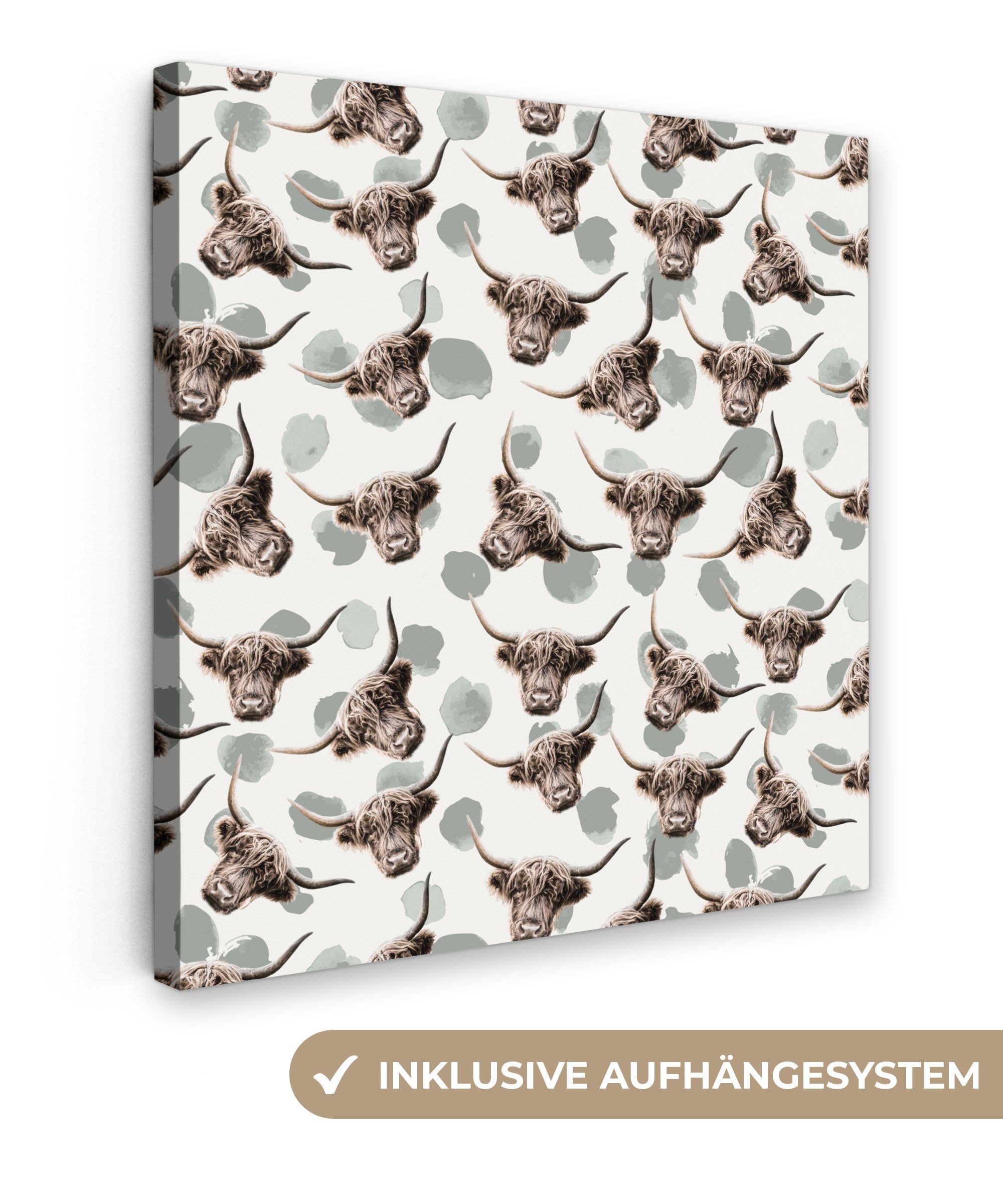 OneMillionCanvasses® Leinwandbild Schottischer Highlander - Kuh - Muster, (1 St), Leinwand Bilder für Wohnzimmer Schlafzimmer, 20x20 cm