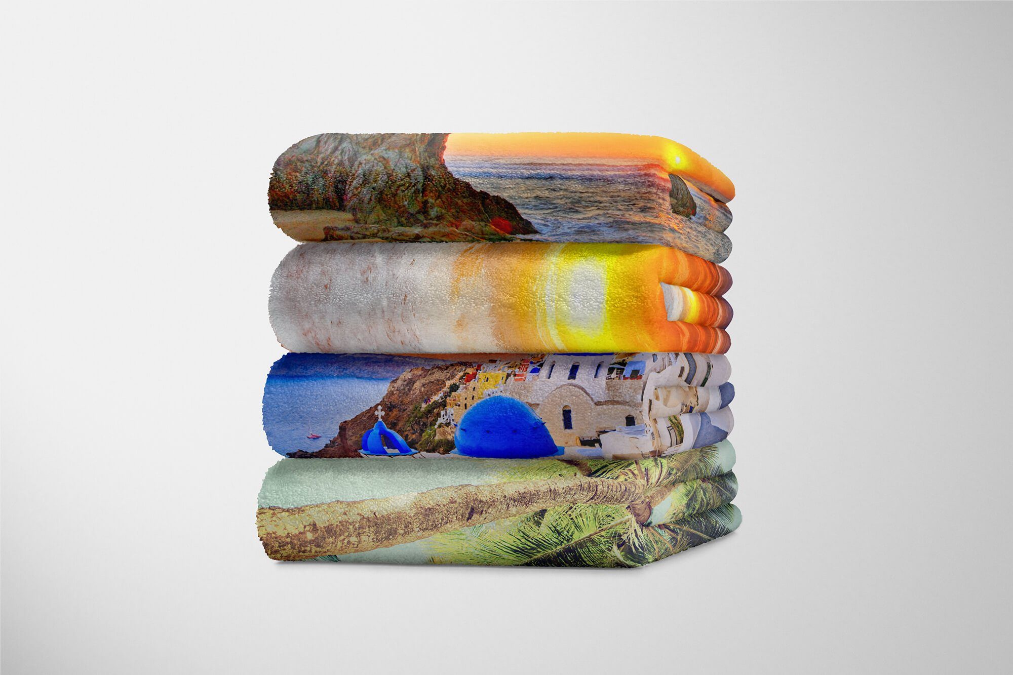 Art Baumwolle-Polyester-Mix Strandhandtuch Handtuch Handtücher Kuscheldecke Fotomotiv Handtuch Saunatuch (1-St), Santorini Sinus mit Griechen,