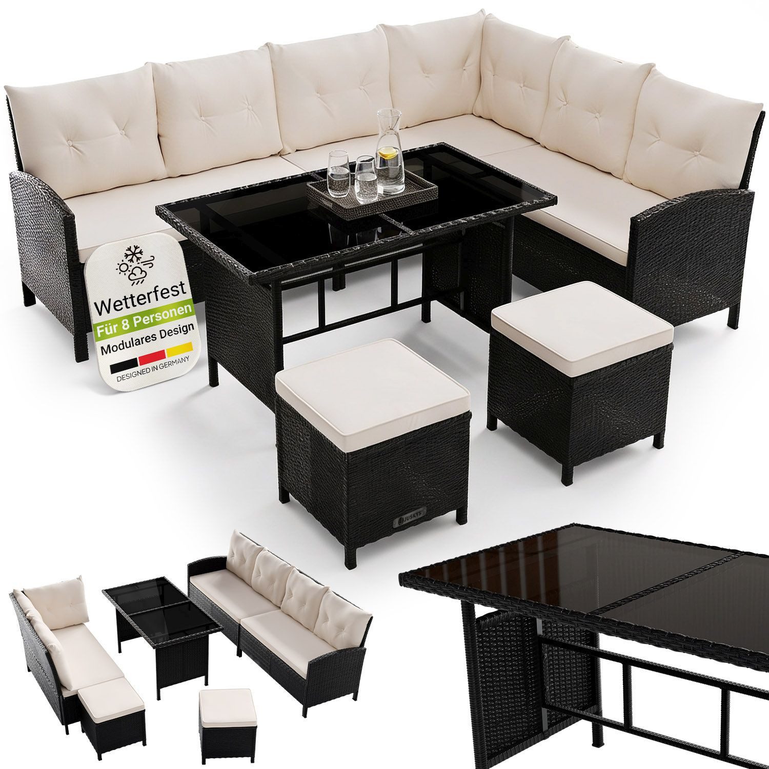 Juskys Gartenlounge-Set Manacor, (Gartenlounge), Polyrattan Gartenmöbel-Set mit Garten-Sofa, Garten-Tisch und 2 Hocker