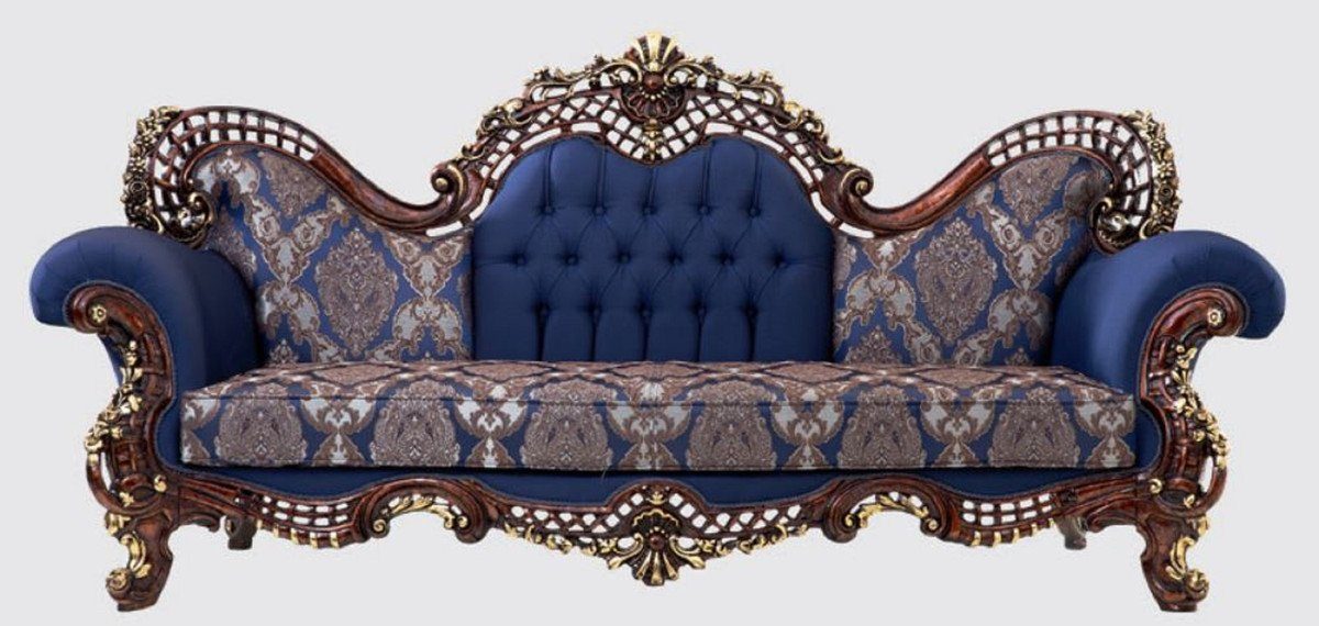 Casa Padrino Sofa Luxus Barock Sofa Blau / Dunkelbraun / Gold 270 x 100 x H. 122 cm - Prunkvolles Wohnzimmer Sofa mit elegantem Muster - Möbel im Barockstil