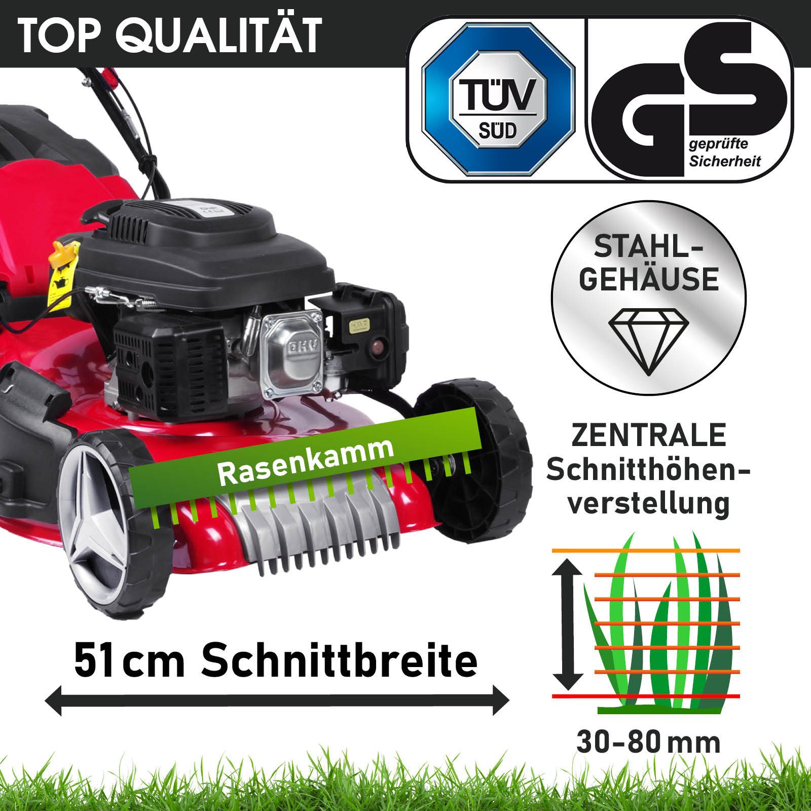 BRAST Benzinrasenmäher 7PS RED LINE mit Antrieb, 51 cm Schnittbreite, TÜV geprüft, 4 Takt OHV Motor 60L Fangkorb, massives Stahlgehäuse – Bild 4 von 5