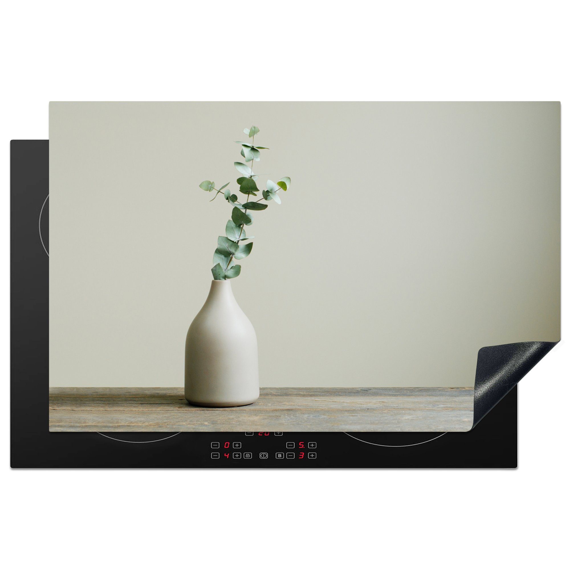 MuchoWow Herdblende-/Abdeckplatte Eukalyptus - Stilleben - Vase, Vinyl, (1 tlg), 81x52 cm, Induktionskochfeld Schutz für die küche, Ceranfeldabdeckung