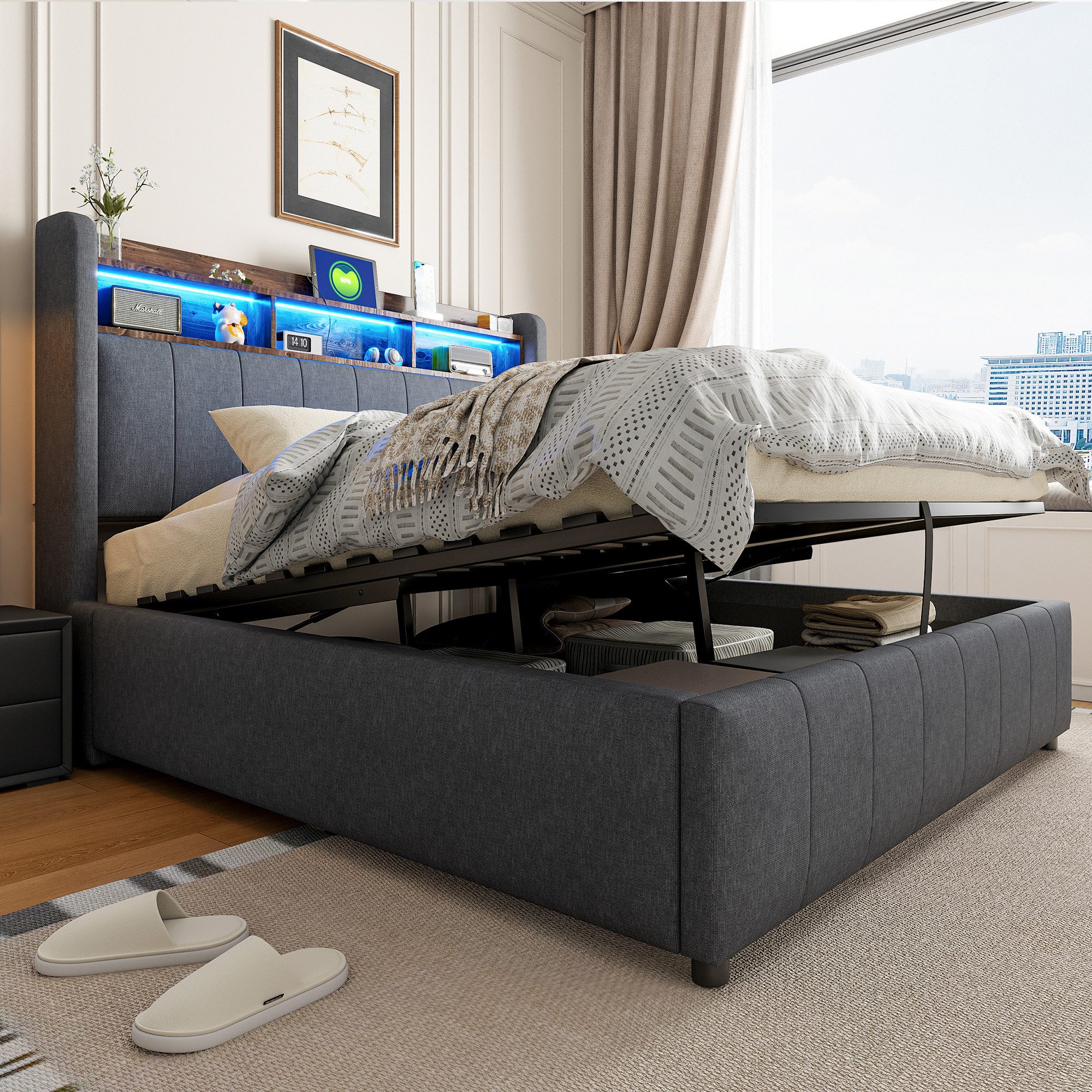 Flieks Polsterbett, LED hydraulisches Doppelbett 140x200cm günstig online kaufen