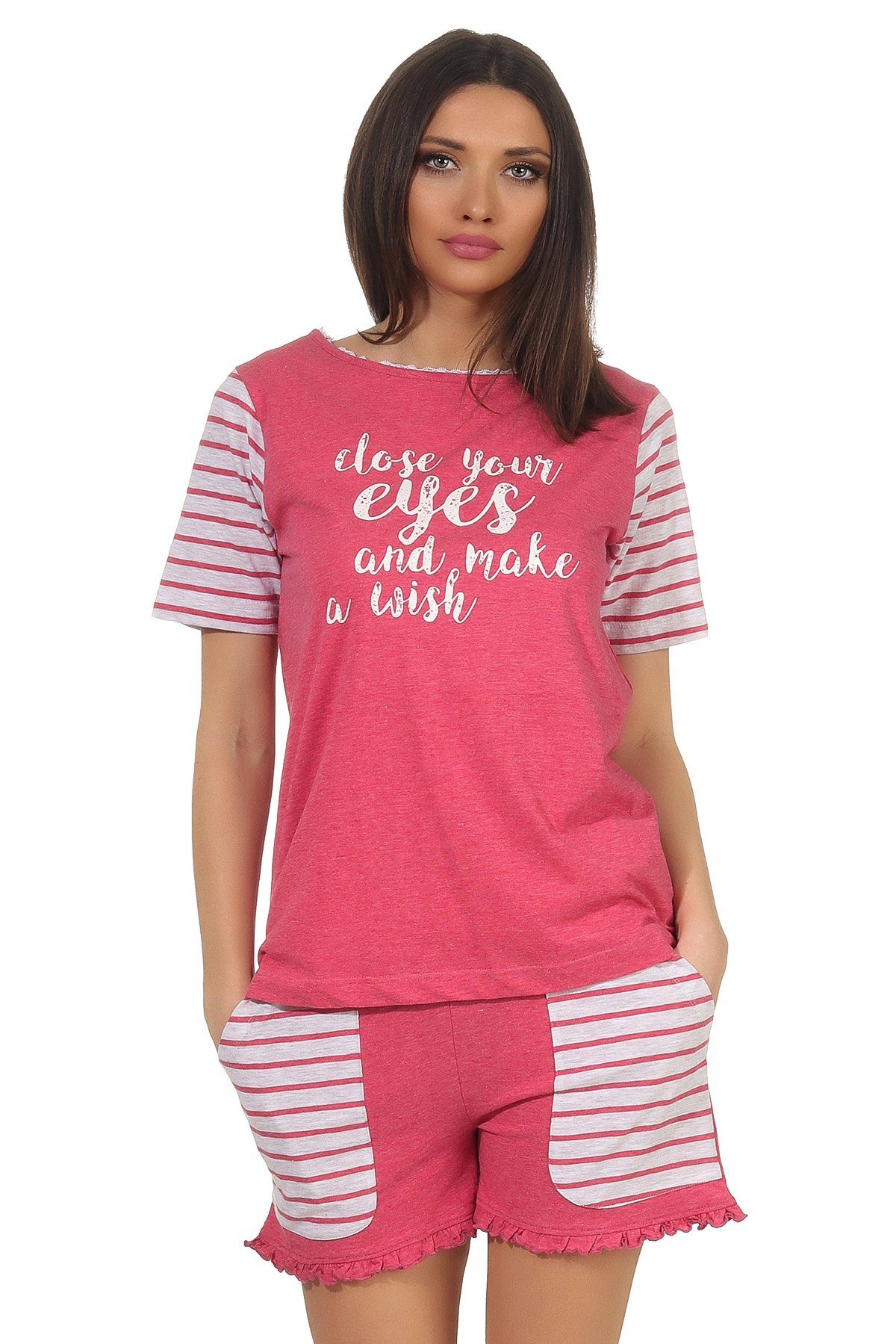 Pyjama Normann pink Pyjama Damen Ärmeln und im kurzarm abgesetzten Shorty College-Look