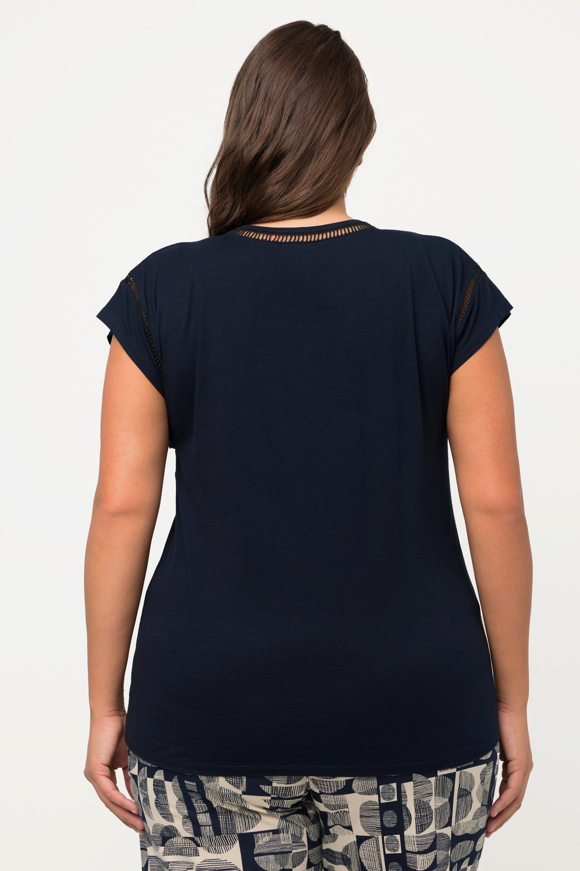 Ulla Popken Rundhalsshirt T-Shirt Oversized V-Ausschnitt marine Halbarm