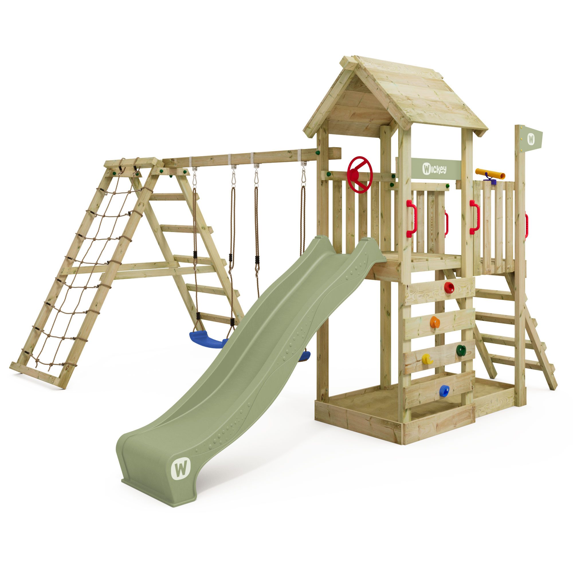 Wickey Spielturm RocketFlyer – Klettergerüst mit Kletteranbau, Rutsche & Doppelschaukel, Abenteuerspielplatz mit 10 Jahren Garantie*