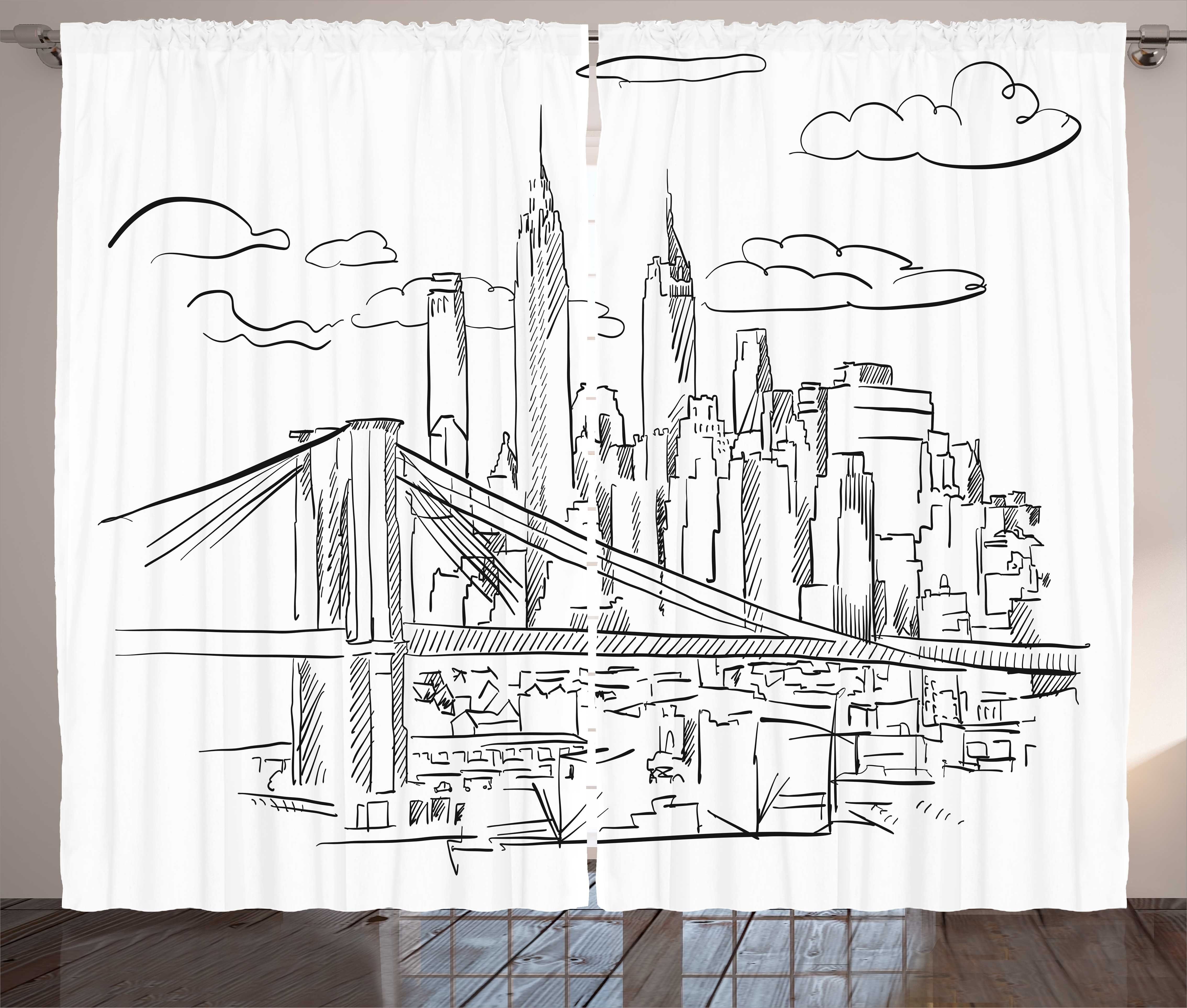 Gardine und mit Bridge Brooklyn Skizze-Kunst Kräuselband City Haken, Schlaufen Abakuhaus, Vorhang Schlafzimmer