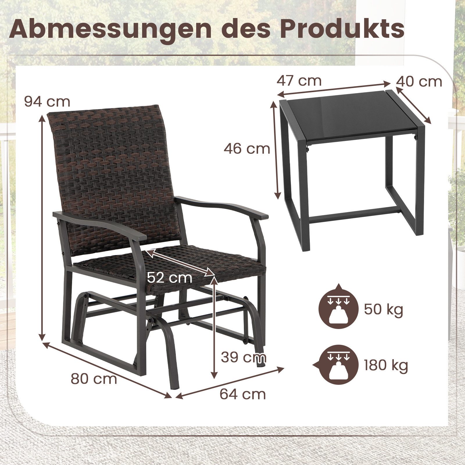 COSTWAY Balkonset, (3-tlg), mit 2 Schaukelstühlen & Tisch, Rattan