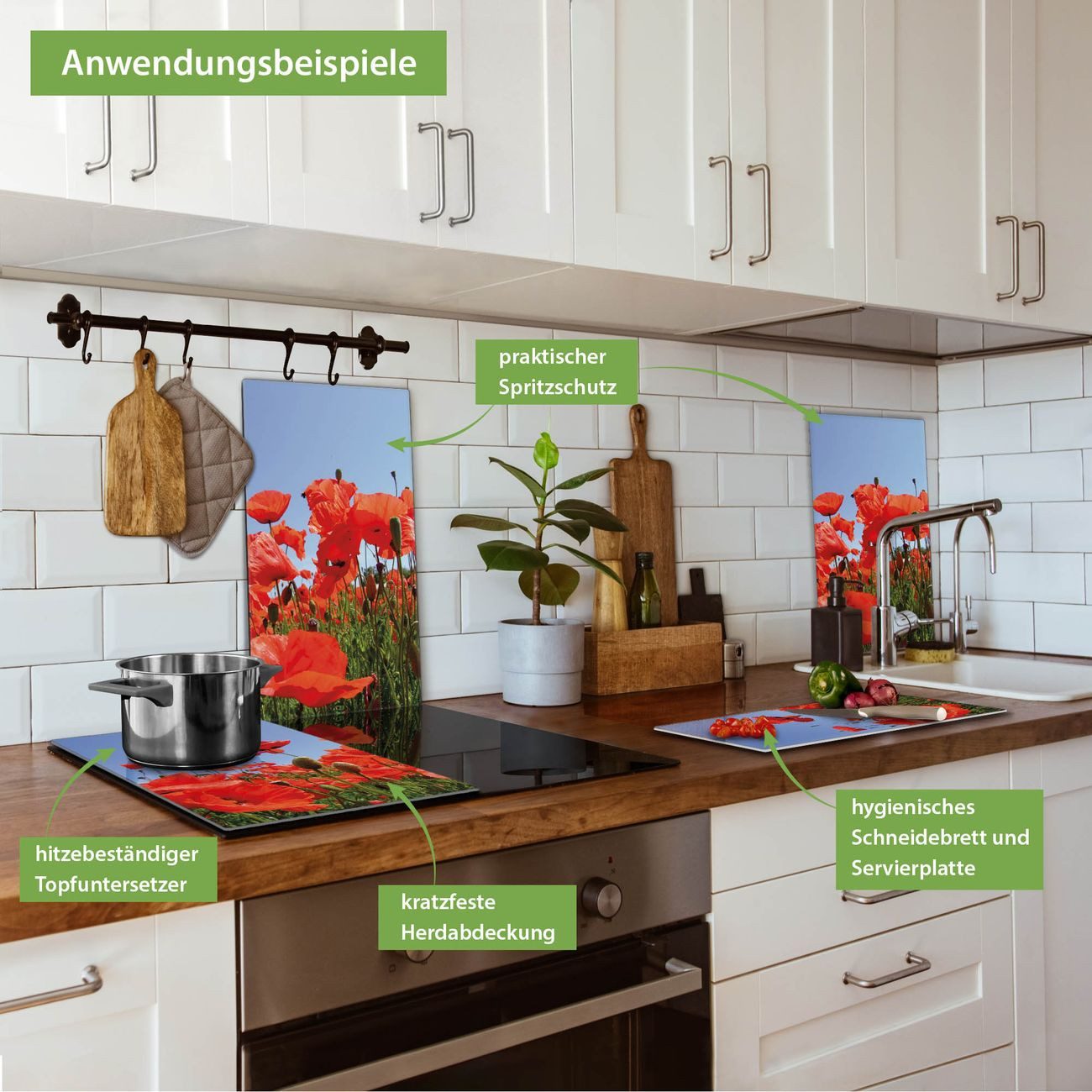 banjado Herd-Abdeckplatte zweiteilig aus Glas mit Motiv Mohnblumen, (gehärtet, 2 tlg., inkl. selbstklebende Gummifüßchen)