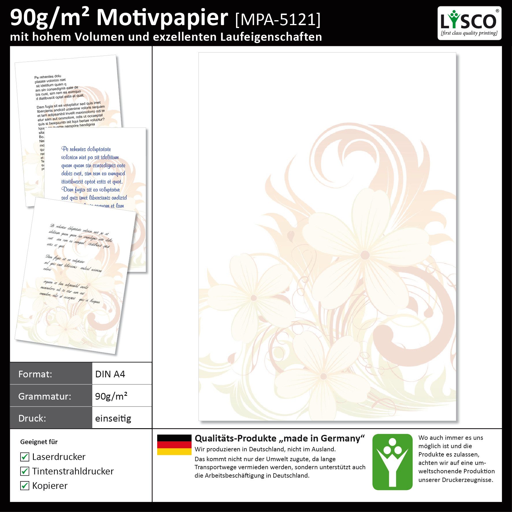 LYSCO Briefpapier Motivpapier Blumenvielfalt,Blumen DIN A4, gut beschreibbar, blumige Atmosphäre, für alle Drucker geeignet.