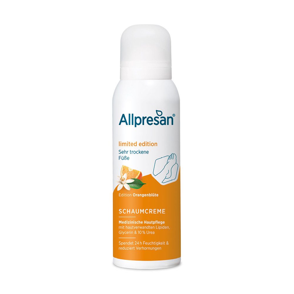 Allpresan Fußschaum Allpresan Fuß Schaumcreme Ltd. Edition Orangenblüte 125ml Für trockene Füße, 1-tlg., Duftende Pflege mit hautverwandten Lipiden, Glycerin & 10% Urea