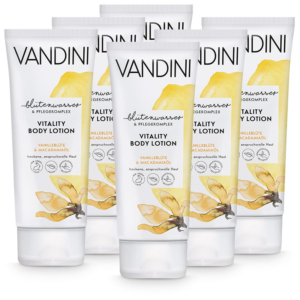 VANDINI Körperlotion VITALITY Body Lotion Vanilleblüte & Macadamiaöl 6er Pack, 6-tlg.