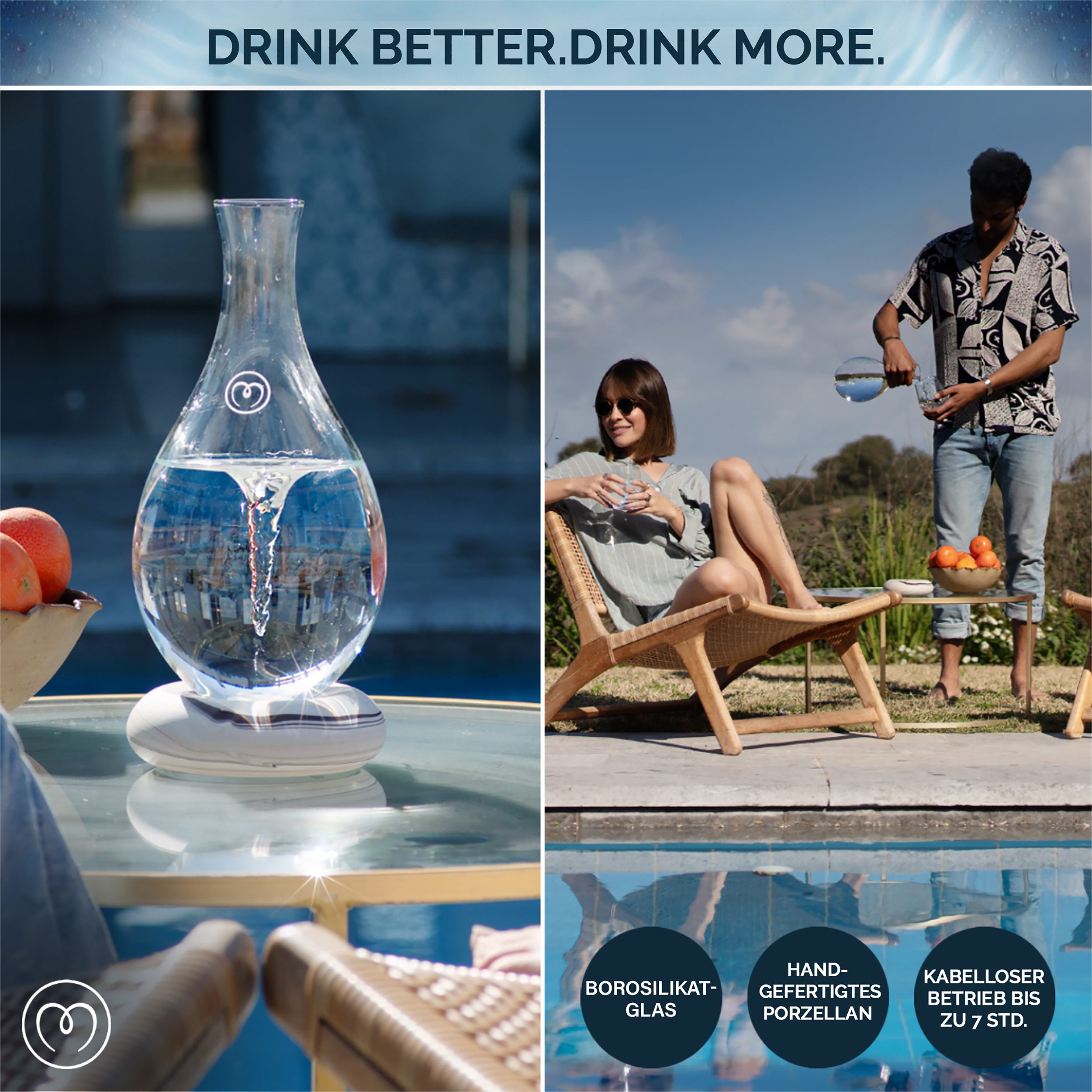 MAYU Water Wasserkaraffe Swirl - handgefertigte Wasserkaraffe, natürliche Wirbelbewegung, handgefertigtes Porzellan, 100% Borosilikatglas