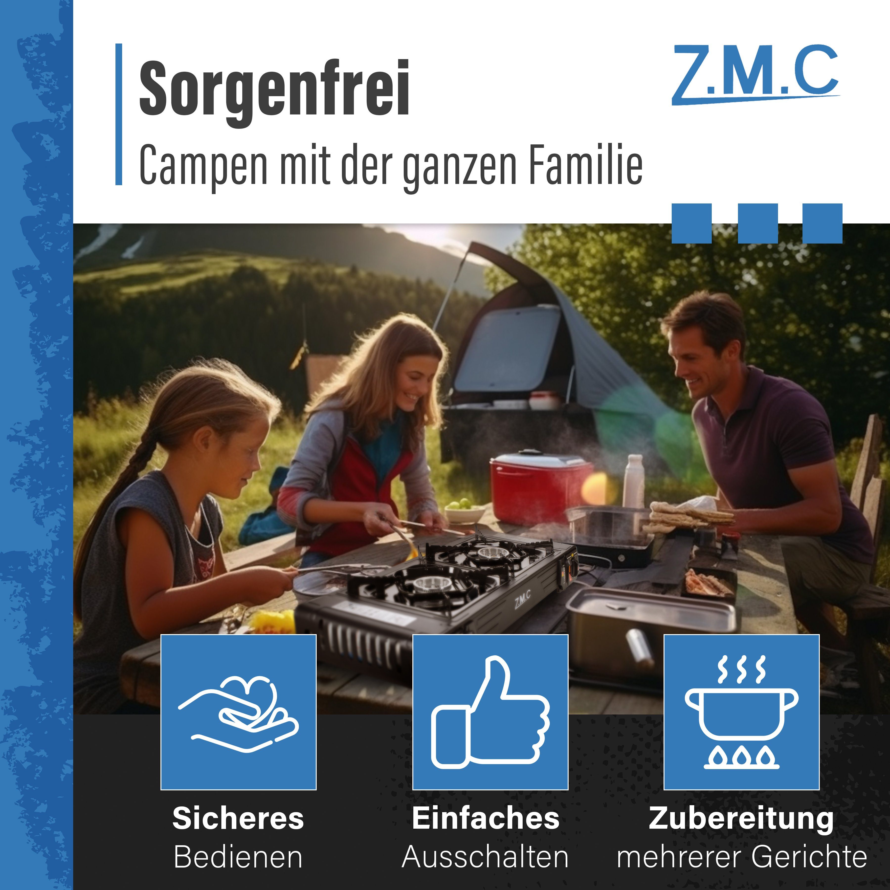 Tischgrill ZMC mit (Grill Doppel Gaskocher Kochfeld Gasbrenner Piezozündung 2 flammig Gasgrill Kocher Gaskocher Gaskocher Campingkocher Camping Gaskartusche, Herd Outdoor Gas 2,0KW), Platte PREMIUM Butan Grillplatte+16x Gas 227g Wärmeleistung: Butangas