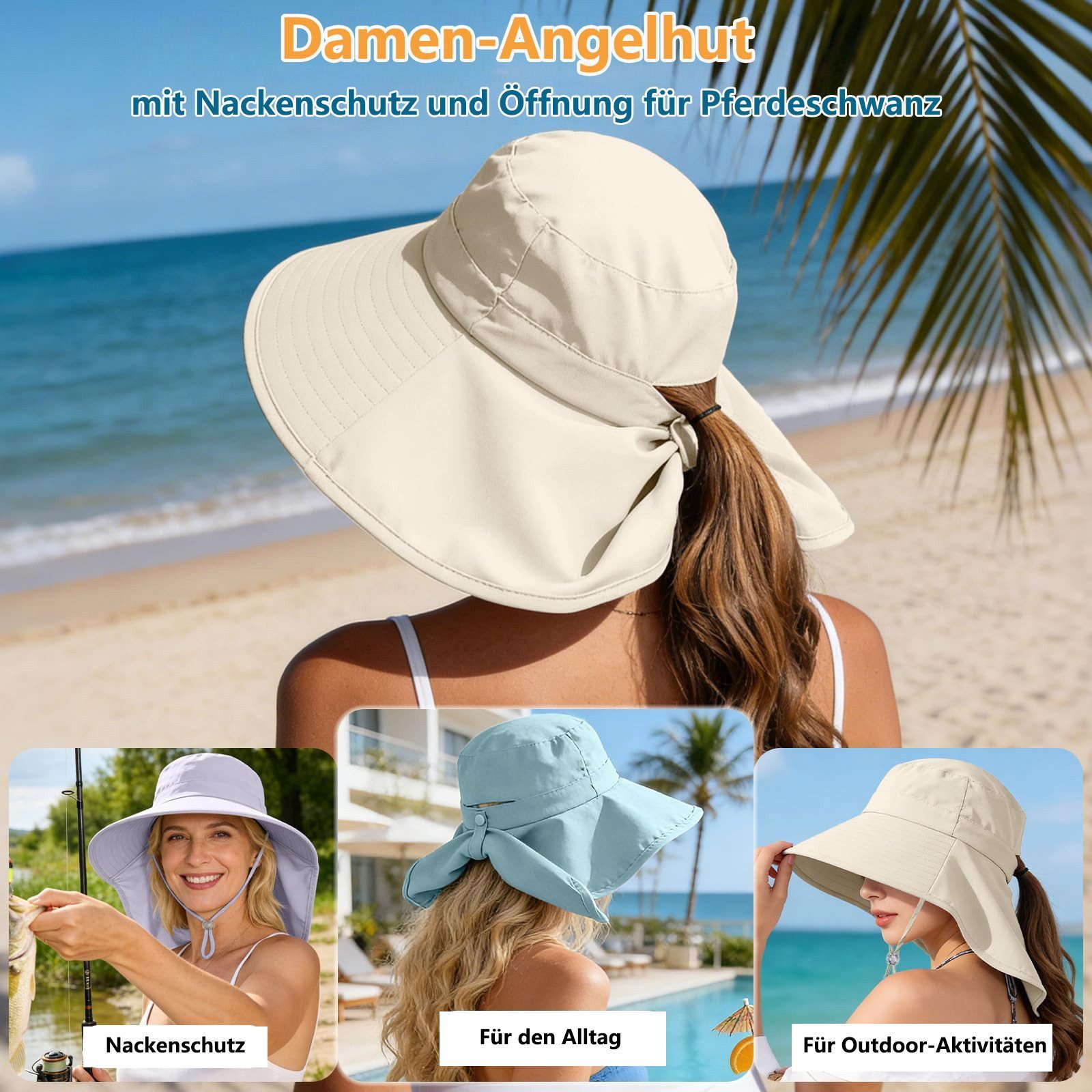 Oemmn Sonnenhut Sonnenhut für Damen mit Nackenschutz und Pferdeschwanzöffnung