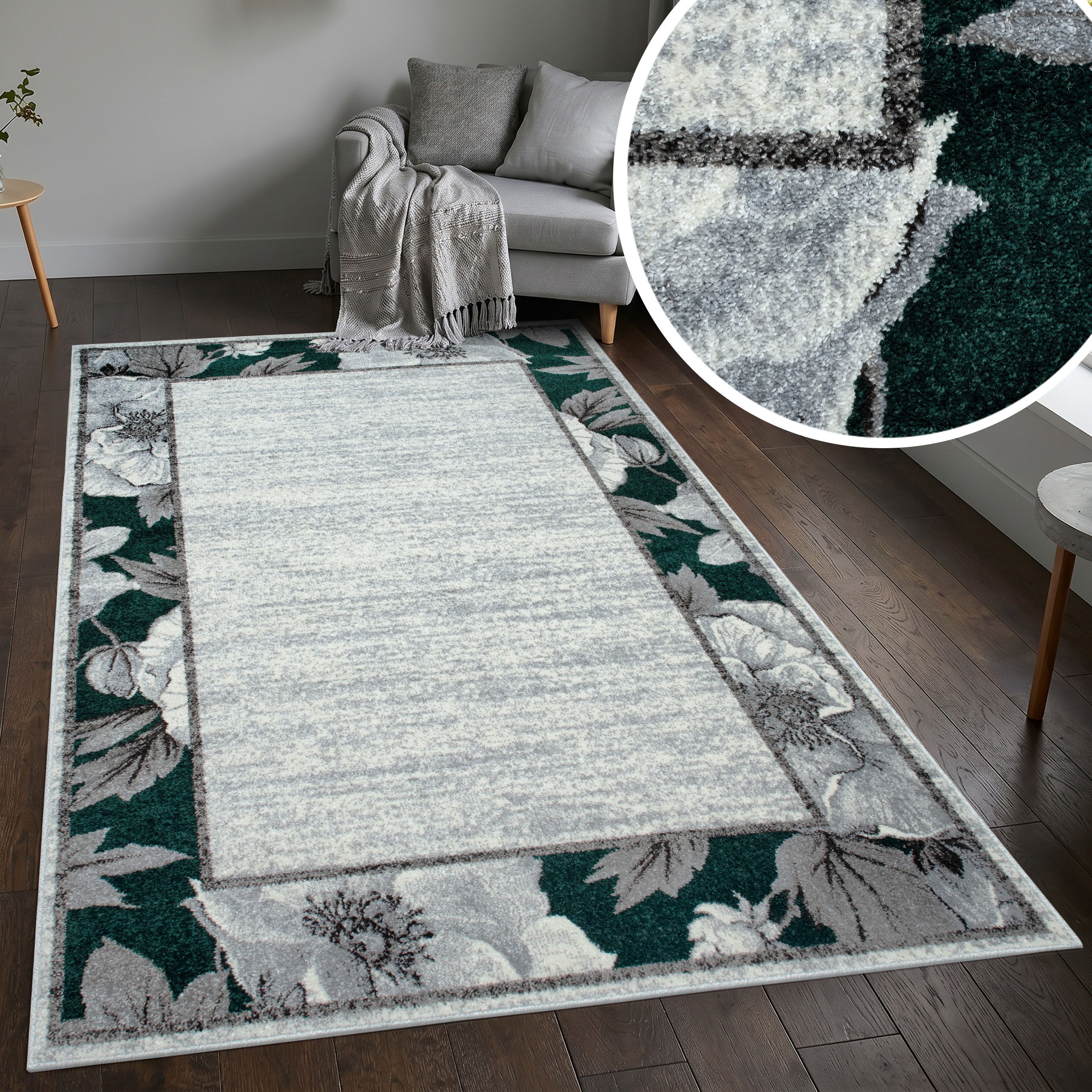 OTTO home Teppich Florent mit Rahmen, Blumen Design, rechteckig, Höhe: 9 mm, Floral, detailreiche Blüten, meliert, elegant, Wohnzimmer