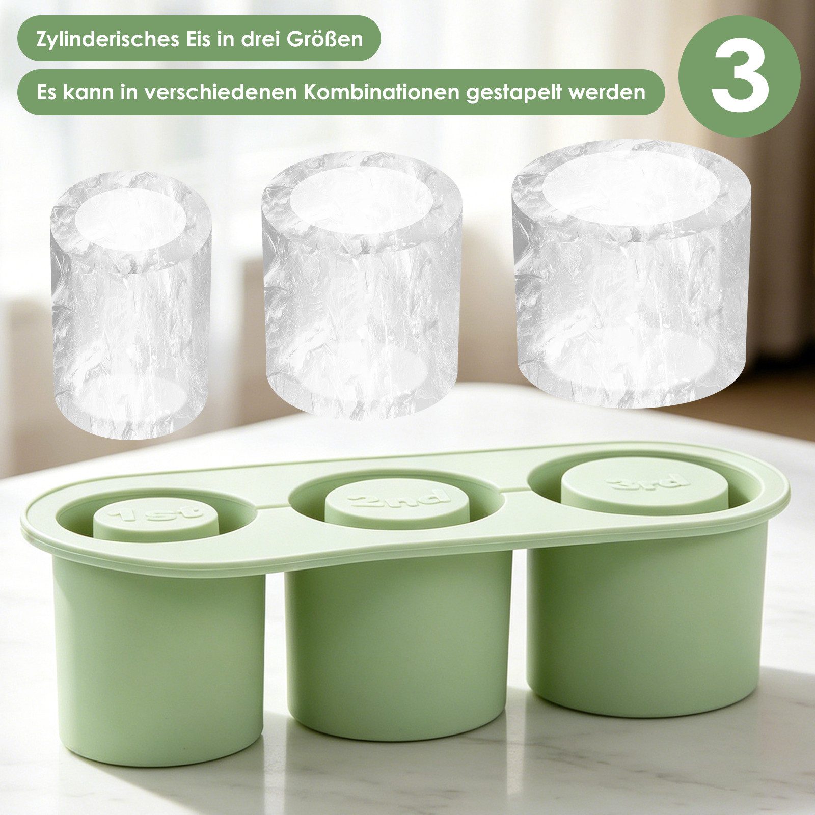 BlingBin Eiswürfelform 3 Fach Eiswürfelbehälter Silikon mit Deckel, Stanley Cup Eiswürfel, (1er Set 1-tlg), Wiederverwendbare Eiswürfelschale für 20-40 oz, Cock – Bild 4 von 5