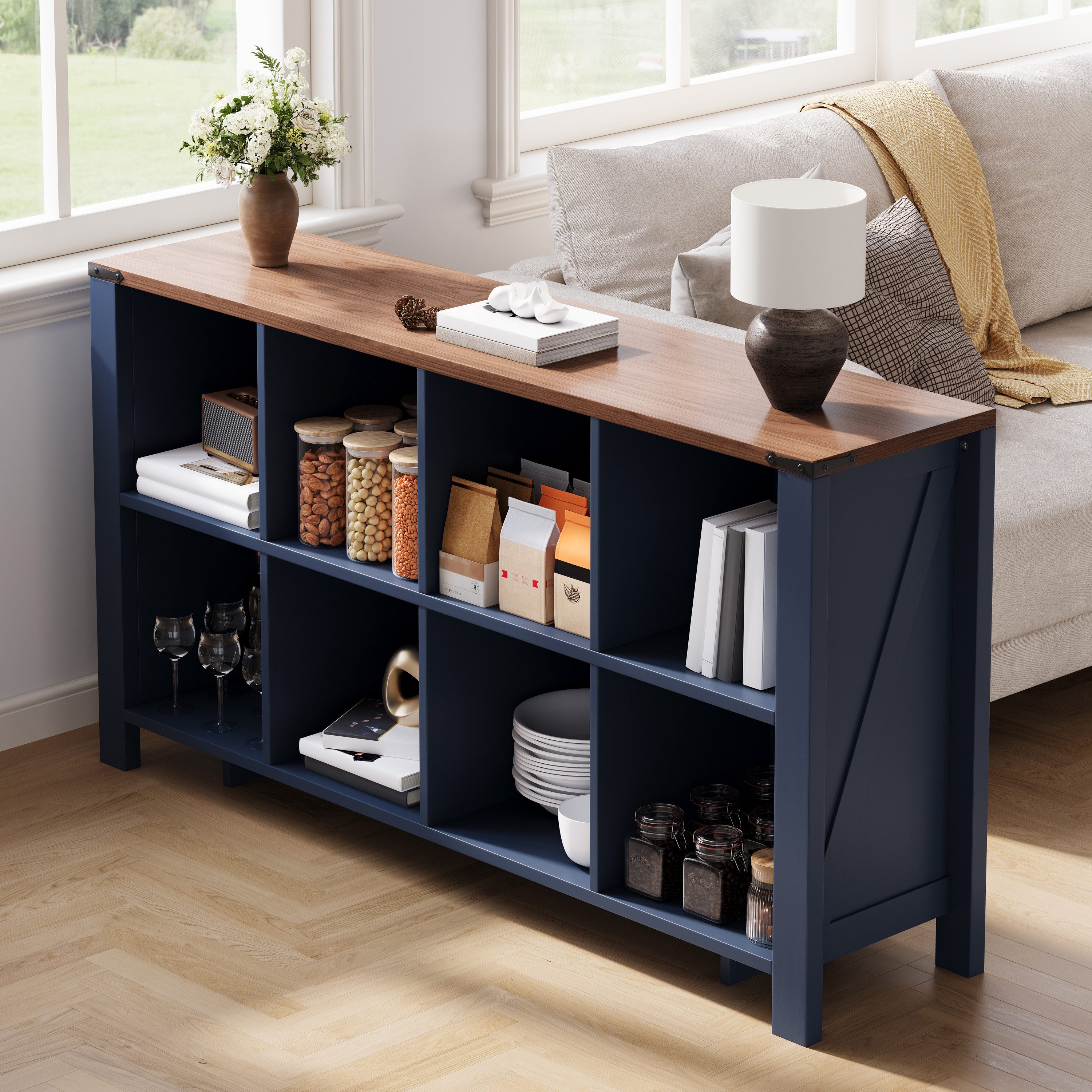 Flieks Bücherregal Standregal Würfelregal mit 8 Fächern, Arbeitsplatte Walnussholzfarbe, 1-tlg., Raumteilerregal Multifunktionsschrank Aktenregal Dunkelblau – Bild 3 von 5