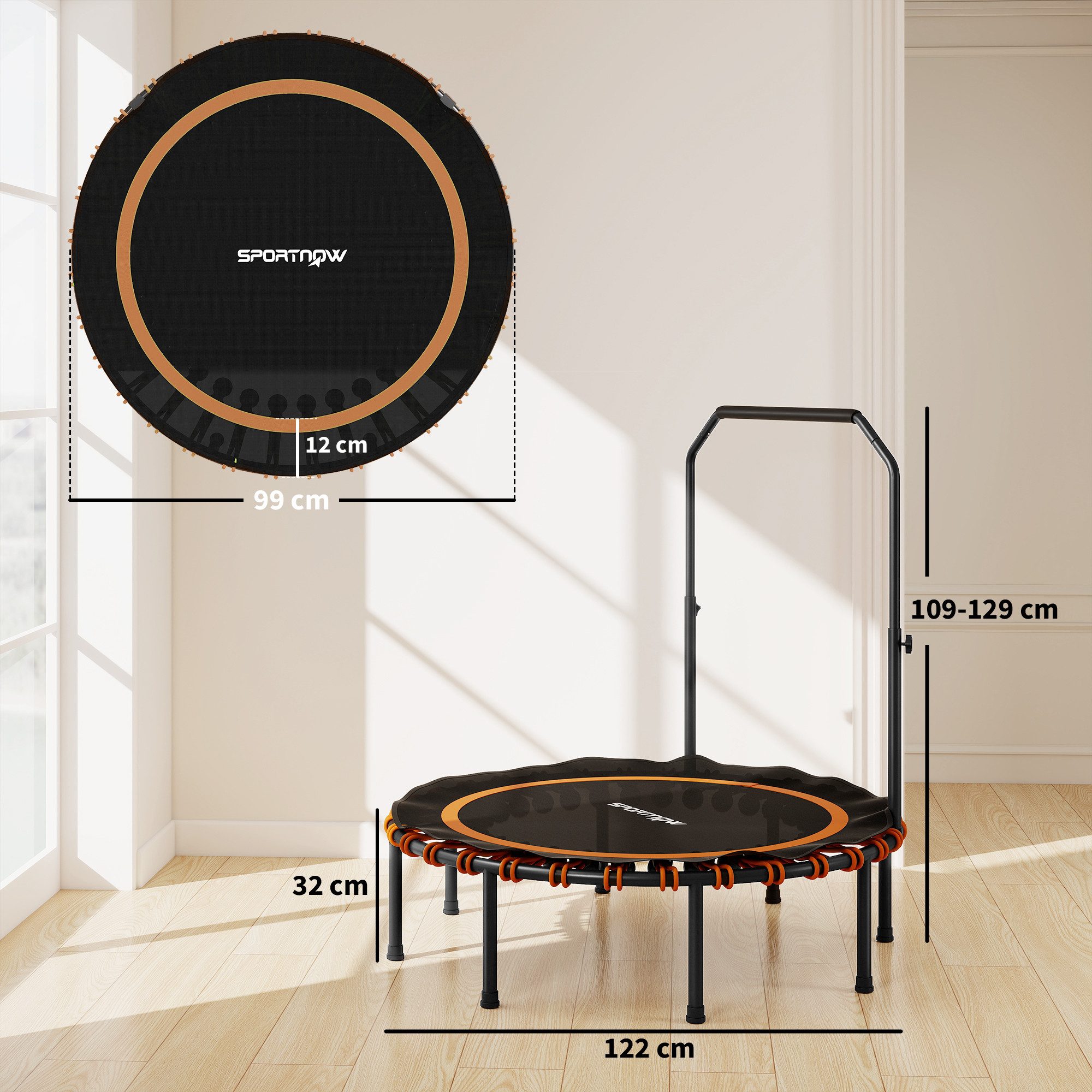 SPORTNOW Fitnesstrampolin mit verstellbarem Handlauf, Ø 122 cm, (Sport-Trampolin, 1 tlg., Fitness-Trampolin), Stahl, Kunststoff, Orange