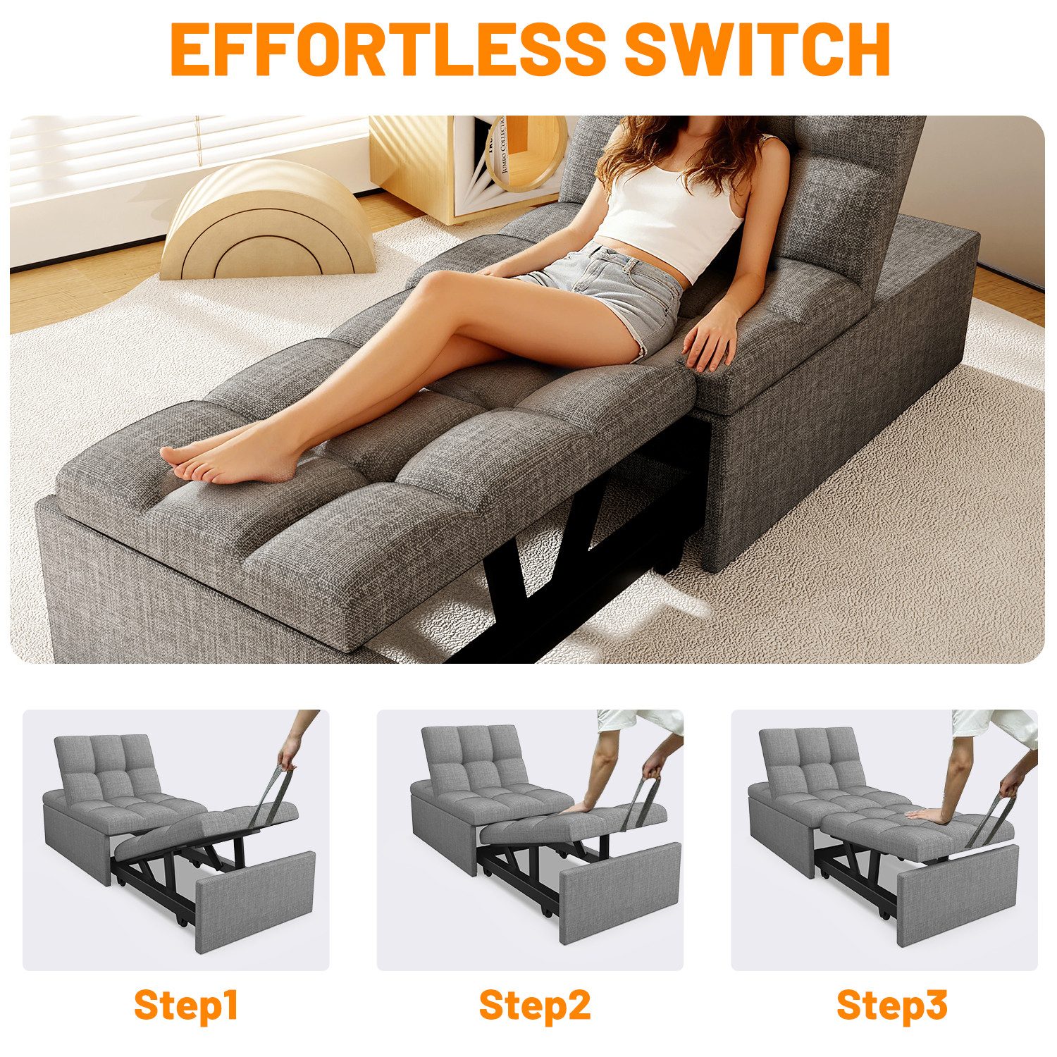 oyajia Schlafsofa 3 in 1 Klappsofa & Schlafhocker mit Bettfunktion, 1-Sitzer Sofa mit verstellbarer Rückenlehne, Ergonomisch, Max. bis 180KG