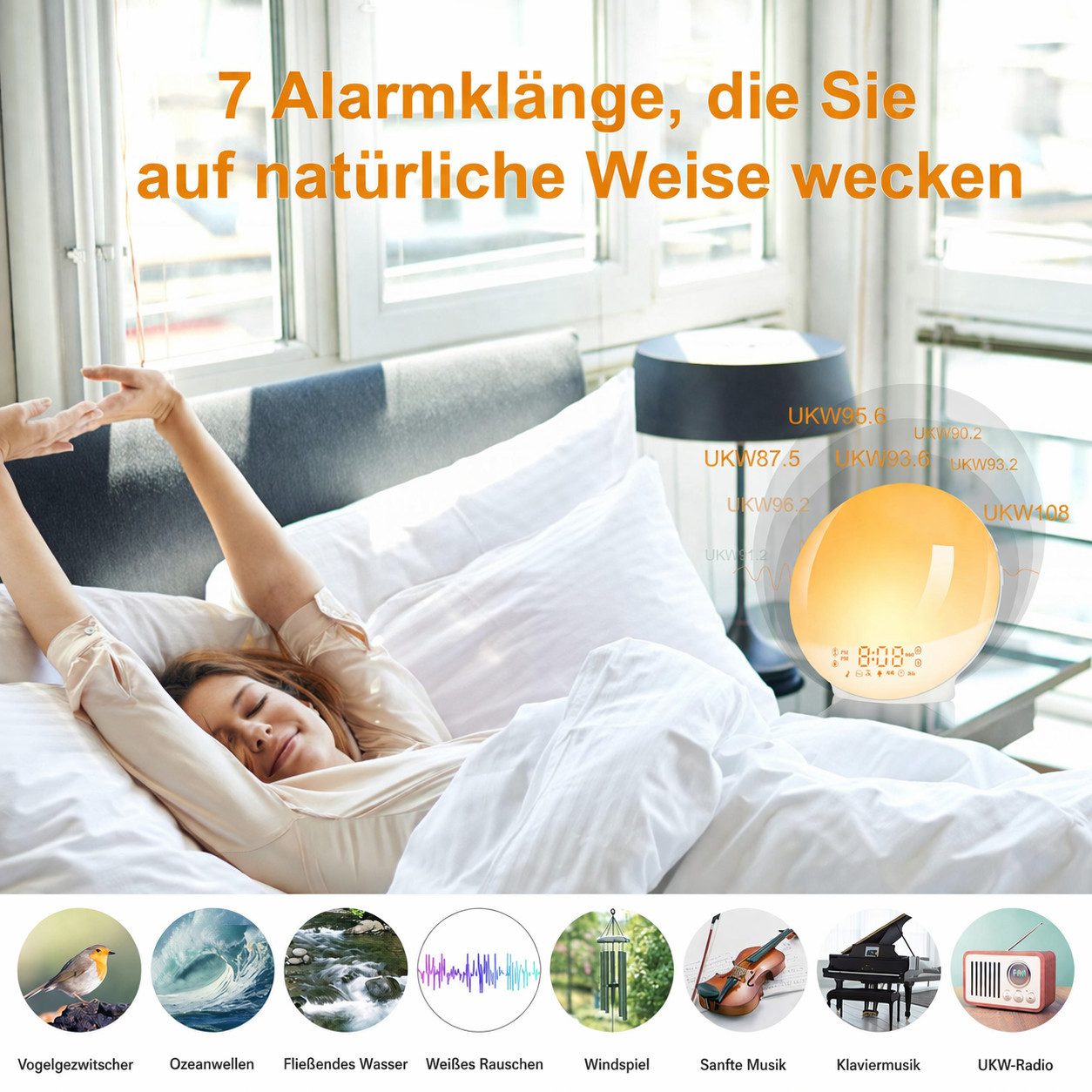 Kityhome Tageslichtwecker Tageslichtwecker: Sonnenaufgang, 7 Naturtöne, 2 Alarme, 20 Stufen 7 Naturtöne,7 Farben,20 Helligkeitsstufen