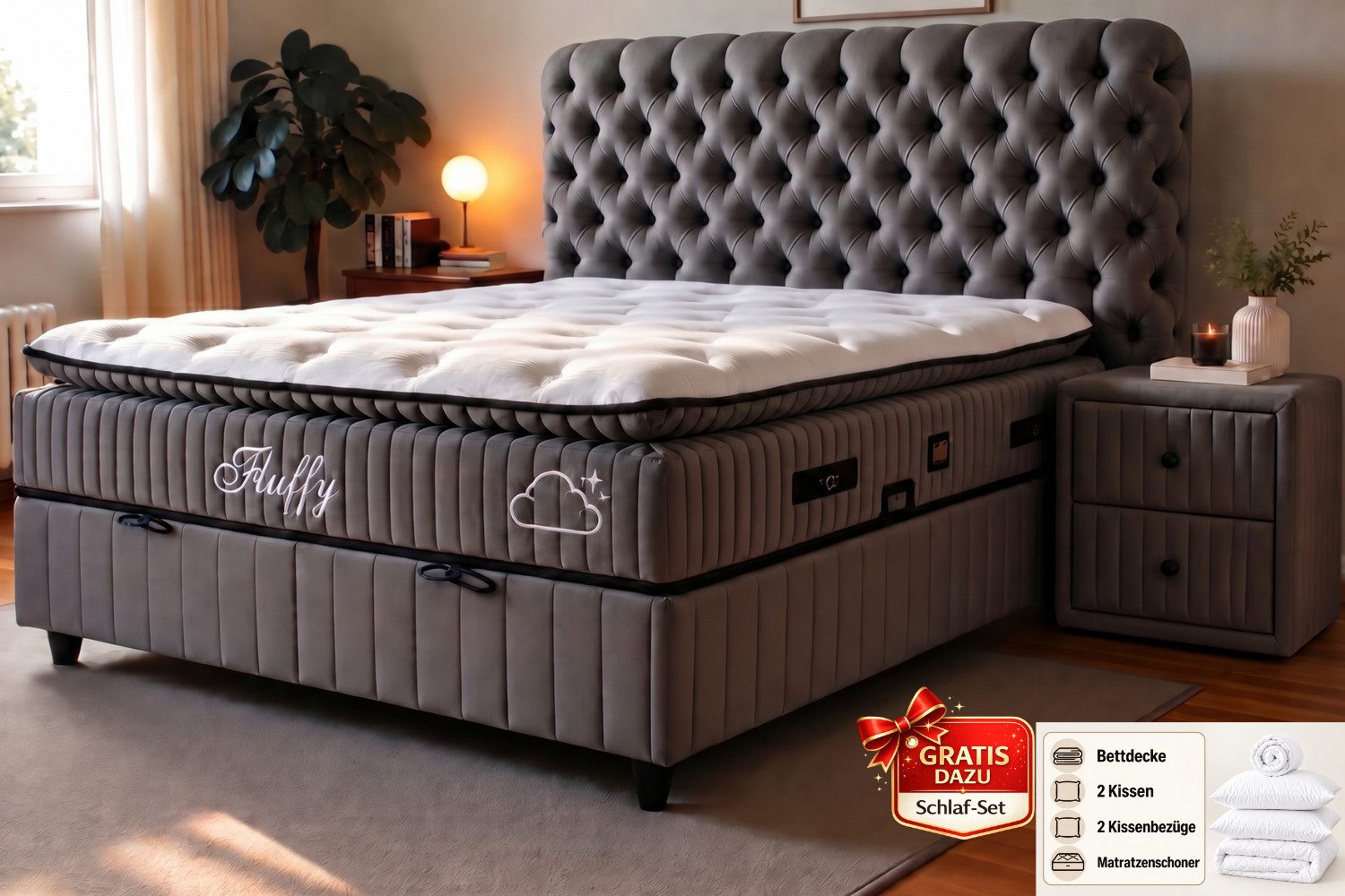 Pointhome Boxspringbett Set, Bss Bedding, Fluffy, Bett-Set ohne oder mit Nachttischen (Stauraum & Taschenfederkernmatratze, 1x H3 Matratze, 2x Bettkasten, 1x Bettkopfteil, 2 optionale Nachttisch), 7 Zonen Allergenfrei & Atmungsaktiv, Ergonomische Matratze mit Topper