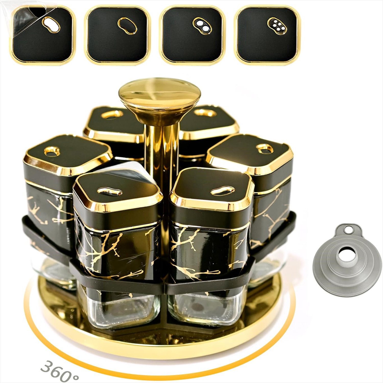 Gewürzregal 360°Drehbare Marmorierter Gewürzregal Stehend mit 6x120ml Gewürzgläser