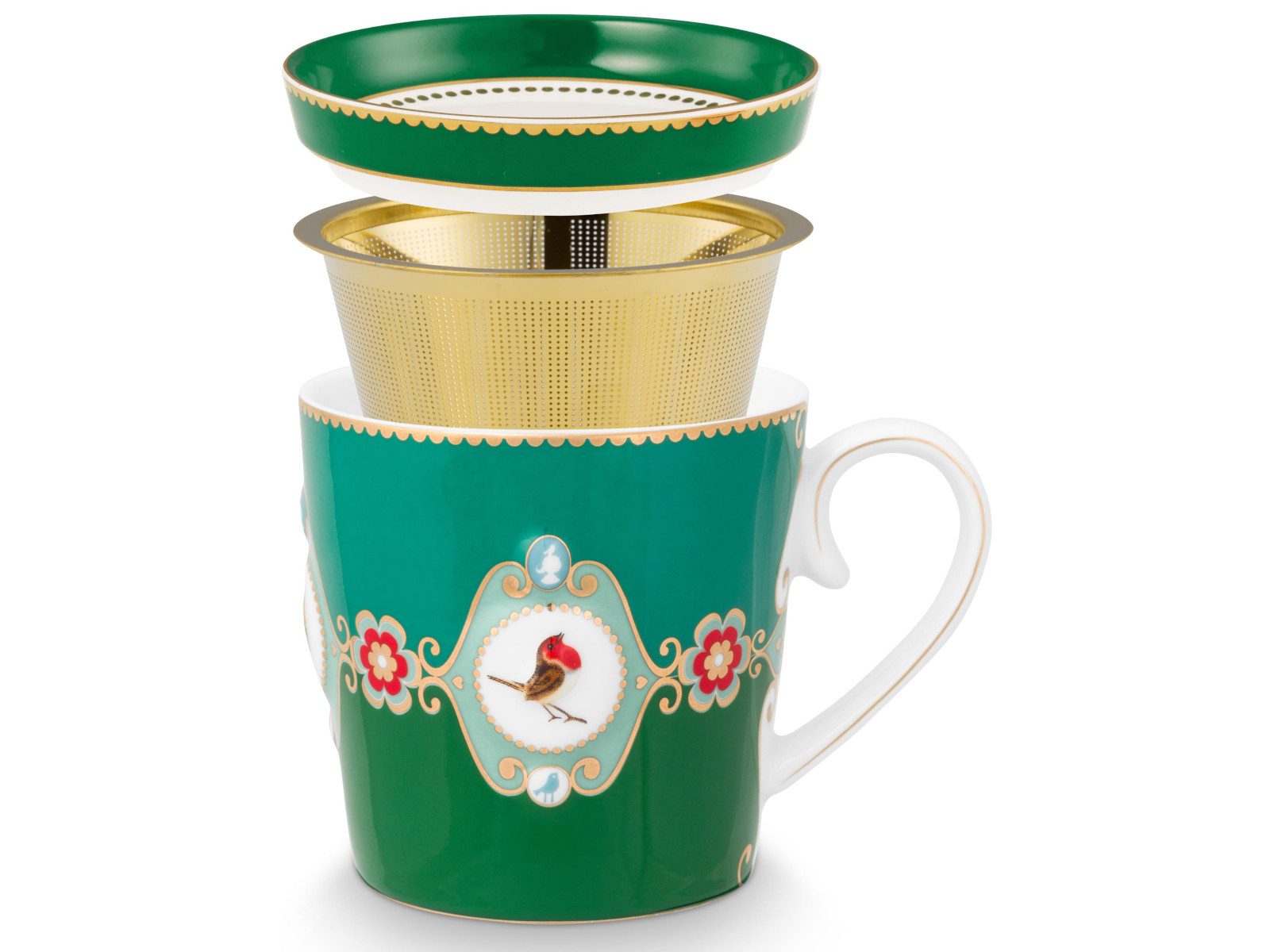 PiP Studio Geschirr-Set Love Birds Medallion Emerald-Green Tesset für eine Person 0,3l, Porzellan