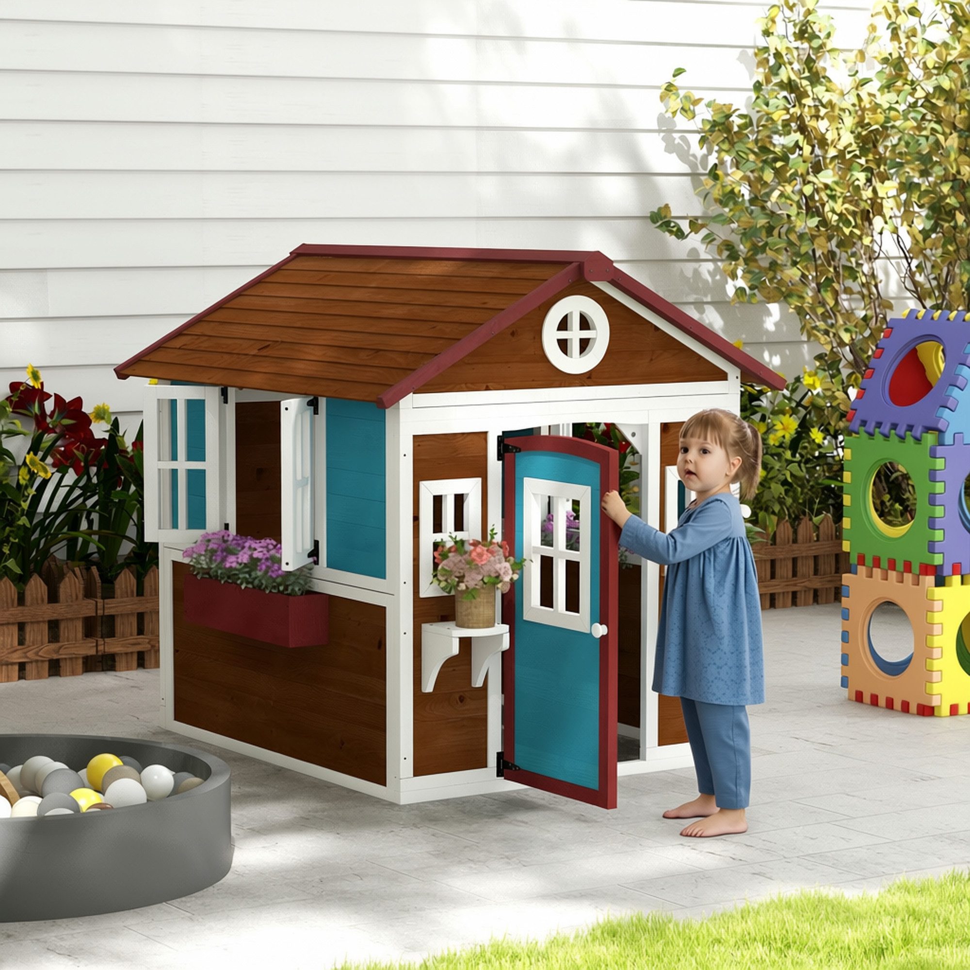 Outsunny Spielhaus Kinderspielhaus aus Holz mit Fenster, Blumenregal, Pflanzenkasten, Tür, Gartenhaus für Kinder 3-8 Jahre Dunkelbraun