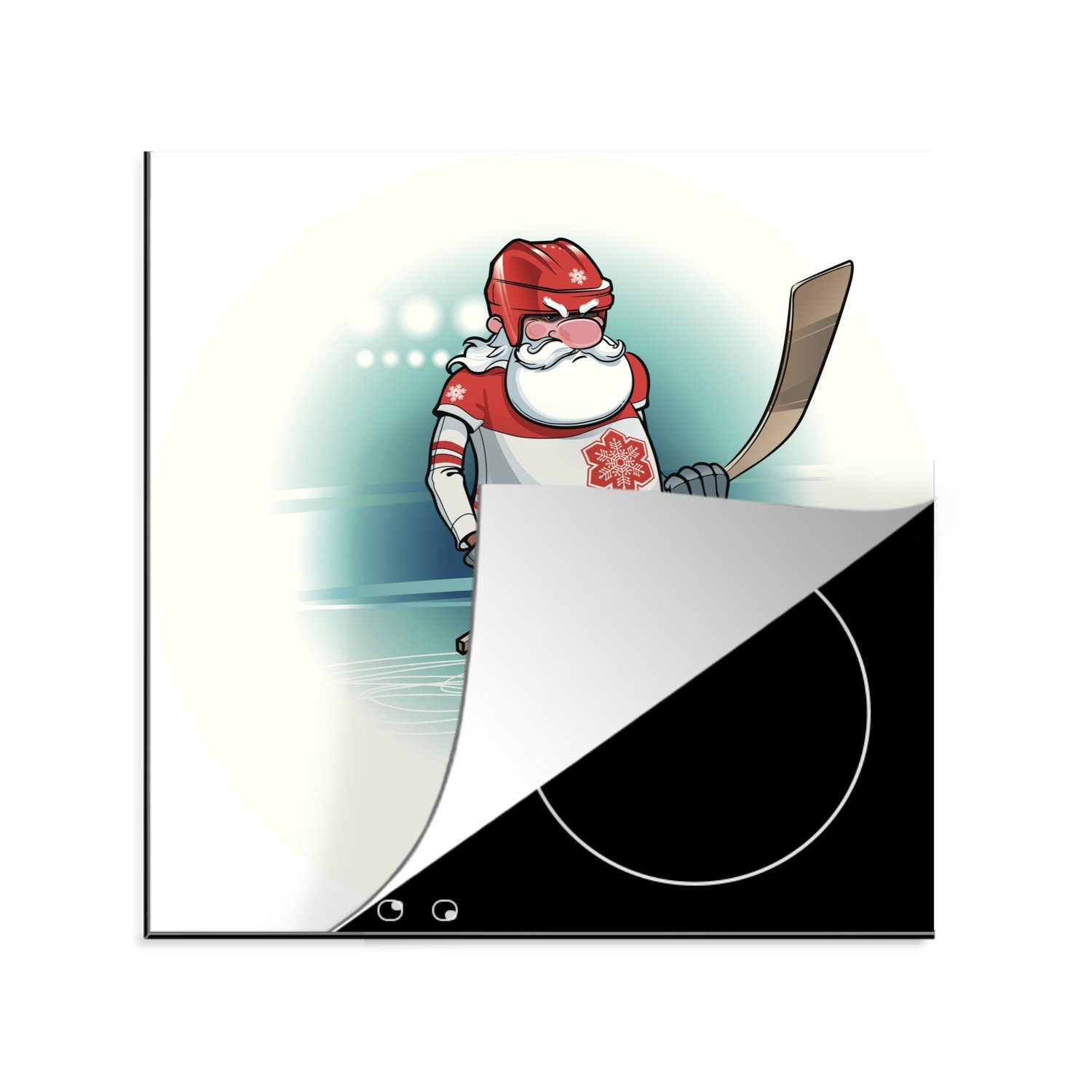 MuchoWow Herdblende-/Abdeckplatte Der Weihnachtsmann spielt Eishockey in einer Illustration, Vinyl, (1 tlg), 78x78 cm, Ceranfeldabdeckung, Arbeitsplatte für küche