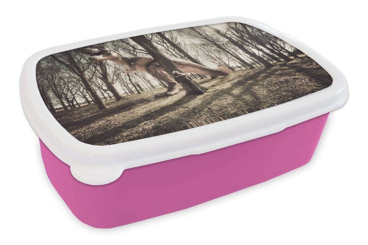 MuchoWow Lunchbox Dinosaurier - Wald - Baum, Kunststoff, (2-tlg), Brotbox für Erwachsene, Brotdose Kinder, Snackbox, Mädchen, Kunststoff rosa