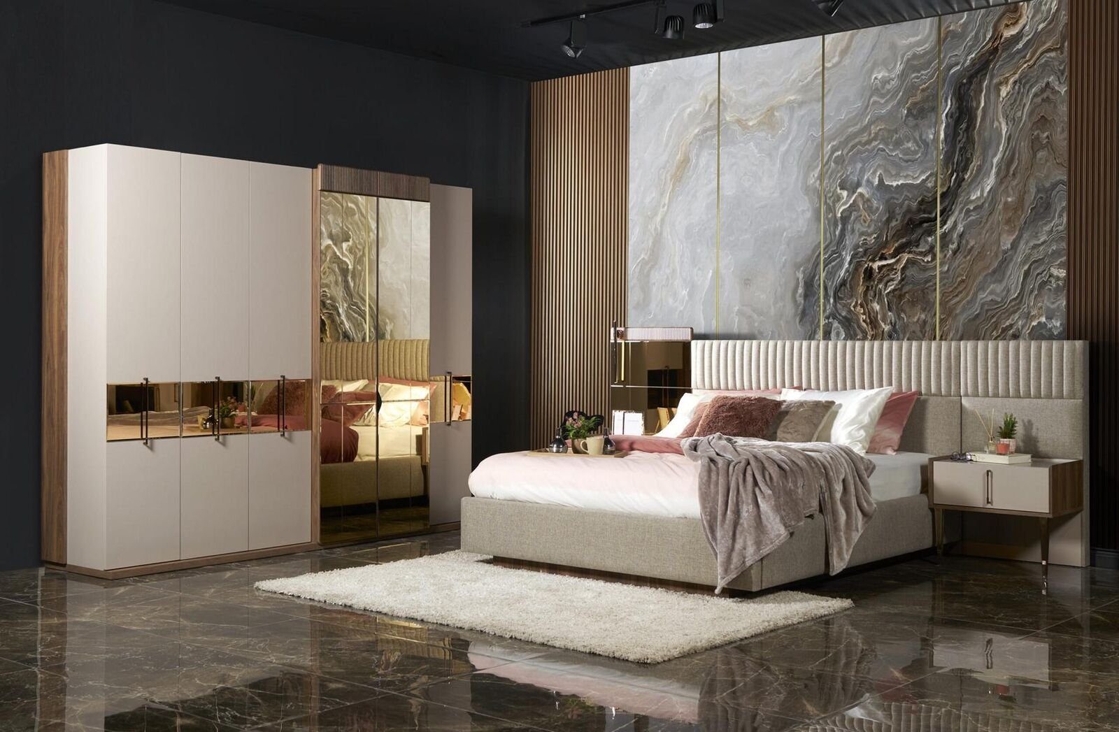 JVmoebel Schlafzimmer-Set Luxus Schlafzimmer In Made Kleiderschrank, / Modern Set Nachttisch Kleiderschrank), Bett Nachttische / 2x Europe (Bett 