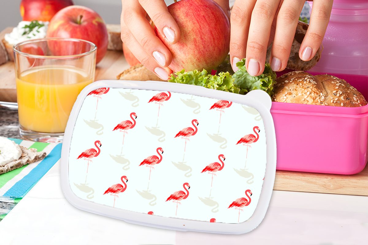 MuchoWow Lunchbox Flamingo - Muster, (2-tlg), Snackbox, rosa Kunststoff, Brotdose für Kunststoff Kinder, - Mädchen, Erwachsene, Tiere Brotbox
