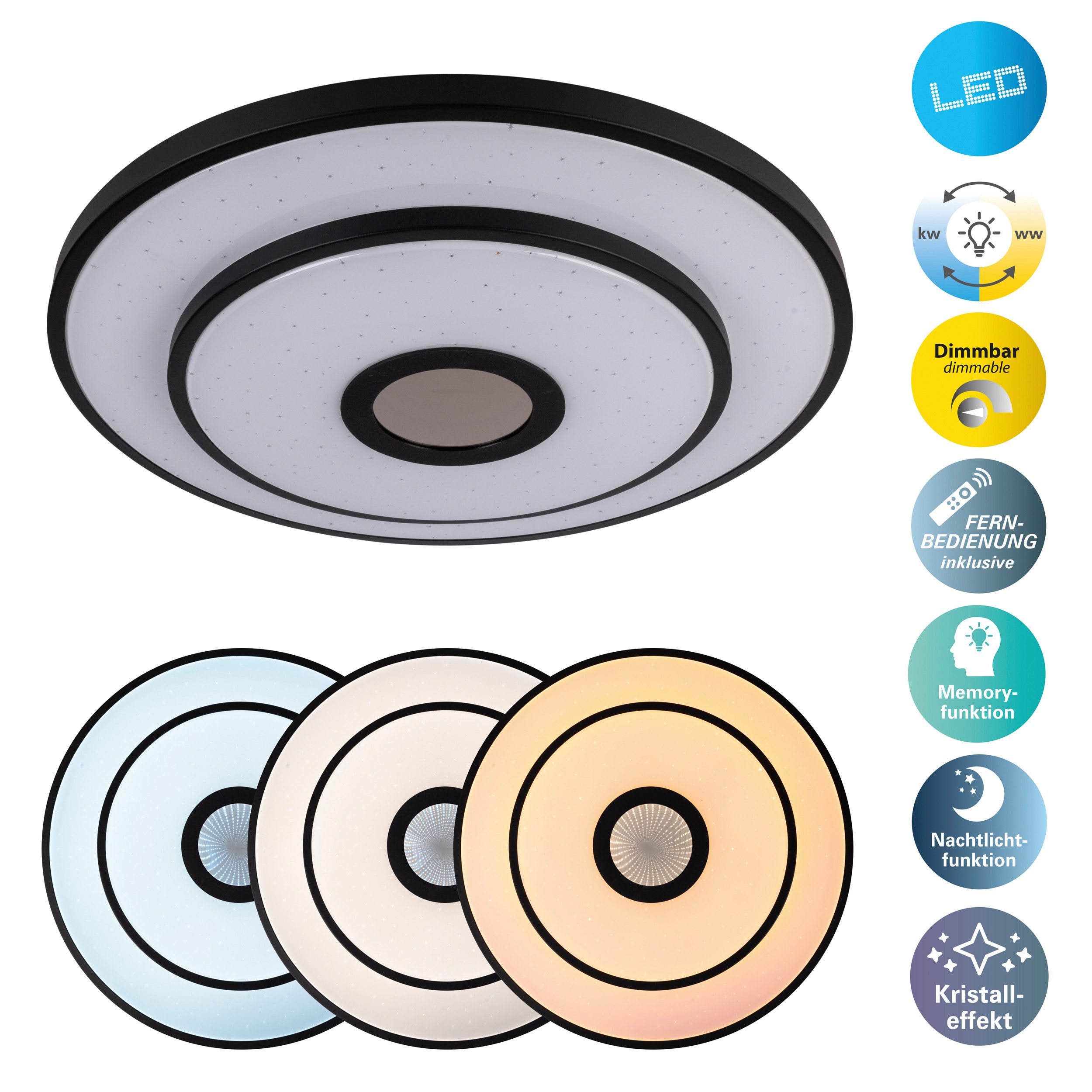 näve LED Deckenleuchte Genua, CCT - über Fernbedienung, Dimmfunktion, Fernbedienung, Infrarot inkl., Memoryfunktion, Nachtlichtfunktion, dimmbar über Fernbedienung, mehrere Helligkeitsstufen, Leuchtmittel wechselbar, warmweiß - kaltweiß, Dimmbar per IR-Fernbedienung, CCT, Memory, Nachlicht, Kristalleffekt