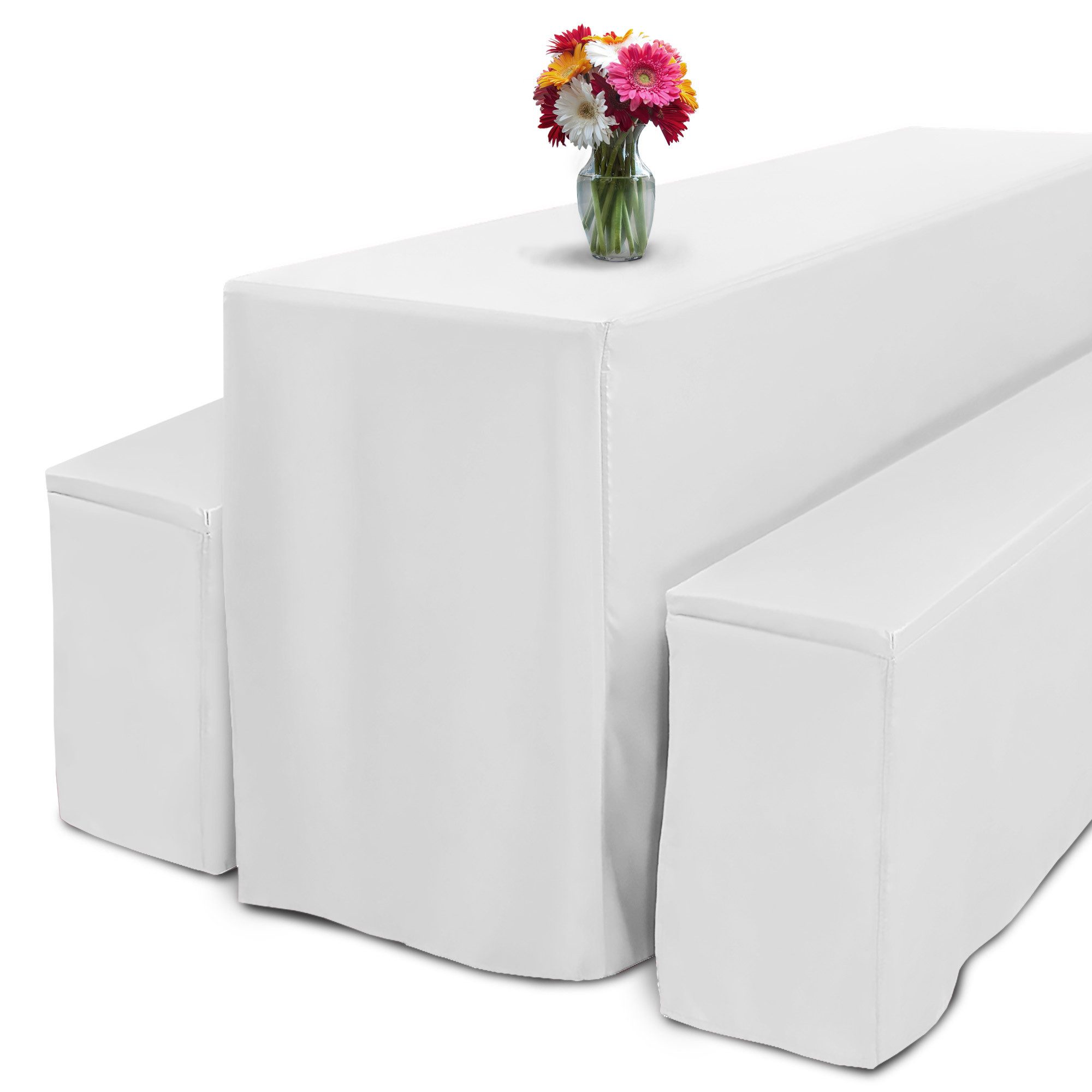 Beautissu Biertischhusse 3tlg Hussen Bierzeltgarnitur Set Bodenlang für 50 cm Wieß, breite Festzeltgarnitur – 2X Bierbank Hussen & 1x Biertisch Husse