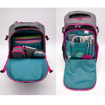 neoxx Schulranzen Active (Set, 3-tlg. inkl. Schamper Box und Regenschutz-Hülle), Rucksack Set "pink in famous" - Schultasche 5. bis 12. Klasse