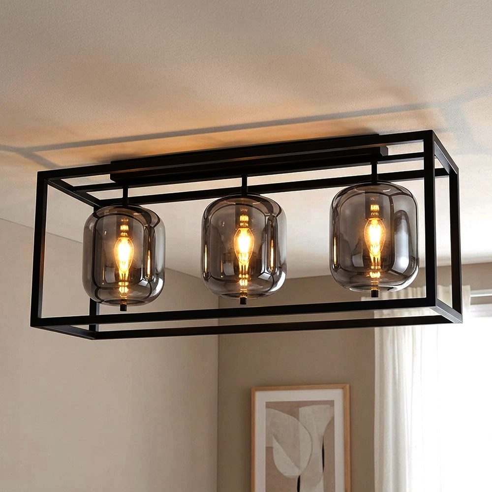 GLOBO LIGHTING LED Deckenleuchte, Leuchtmittel inklusive, Warmweiß, LED Deckenlampe Deckenleuchte 3 flammig Glasschirm schwarz rauchfarben