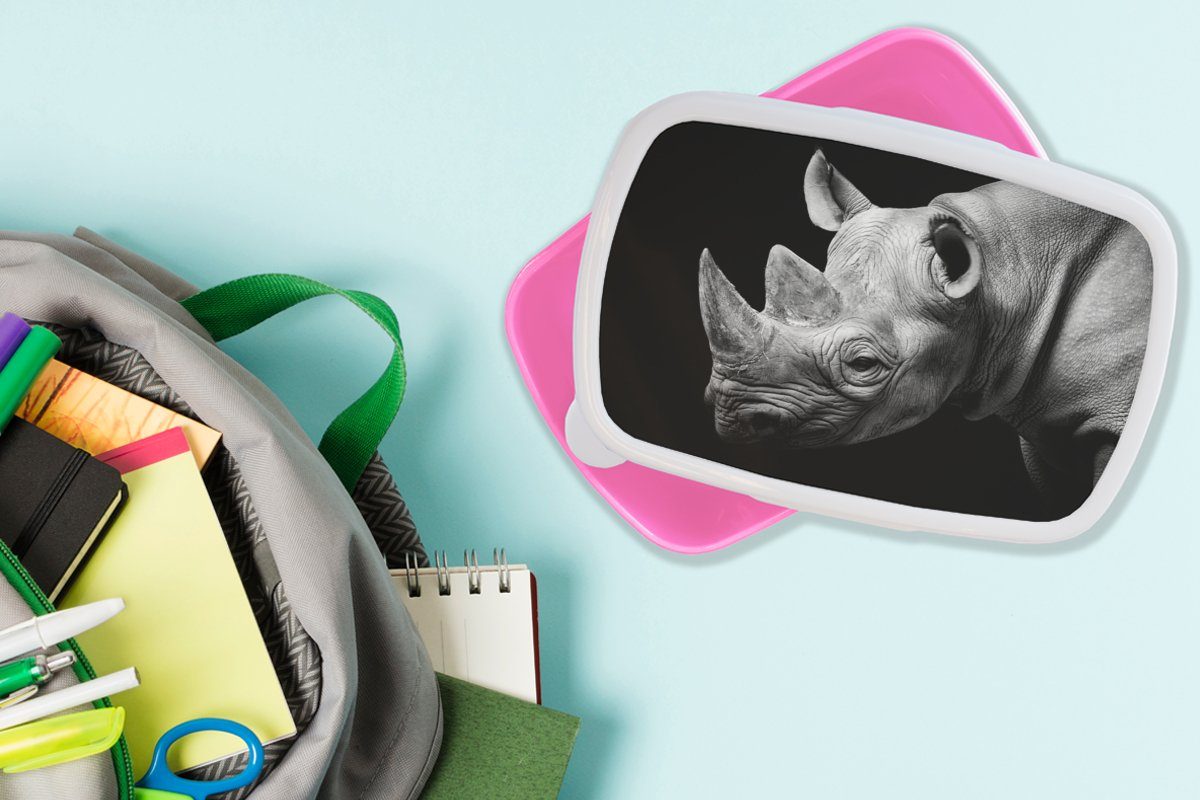MuchoWow Lunchbox für Snackbox, Brotdose Tiere - Weiß Kinder, Kunststoff (2-tlg), Nashorn Schwarz Erwachsene, - Porträt, - - Mädchen, rosa Kunststoff, Brotbox