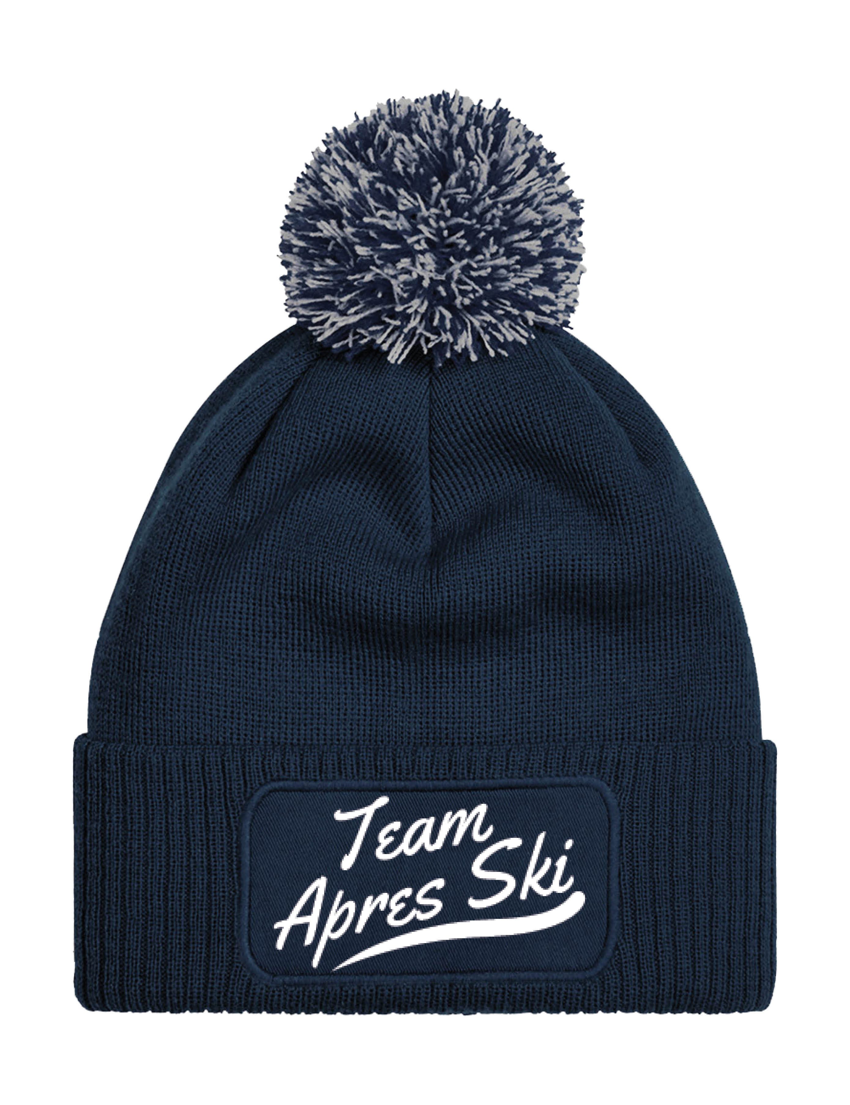 Beanie Unisex Strick Bommel Beanie Mütze mit Team Apres Ski Aufdruck