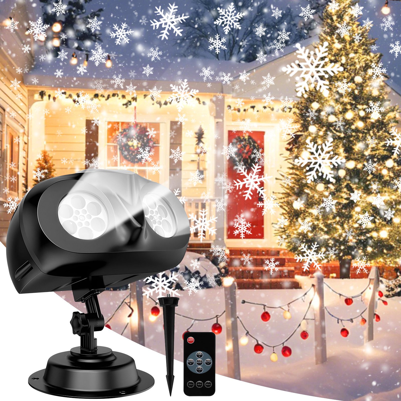 Fofile Projektor Weihnachten Aussen Doppelter Kopf Schneeflocken Projektor LED-Beamer (Dynamische Weihnachtsdeko mit Timer für Garten Fenster Wand Hof)