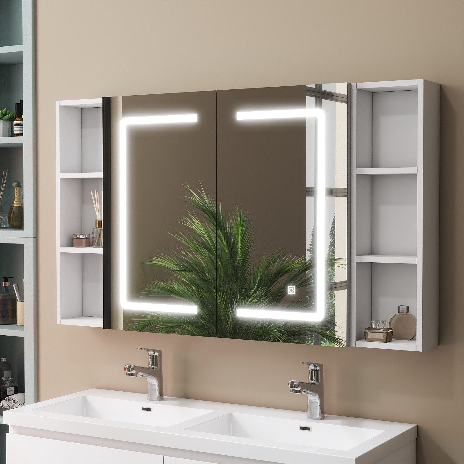 duschspa Spiegelschrank LED Badschrank mit Steckdose drei Lichtfarbe dimmbar Beschlagfrei Touch/Wandschalter, Weiß Matt/Schwarz Hochglanz, 40-120cm